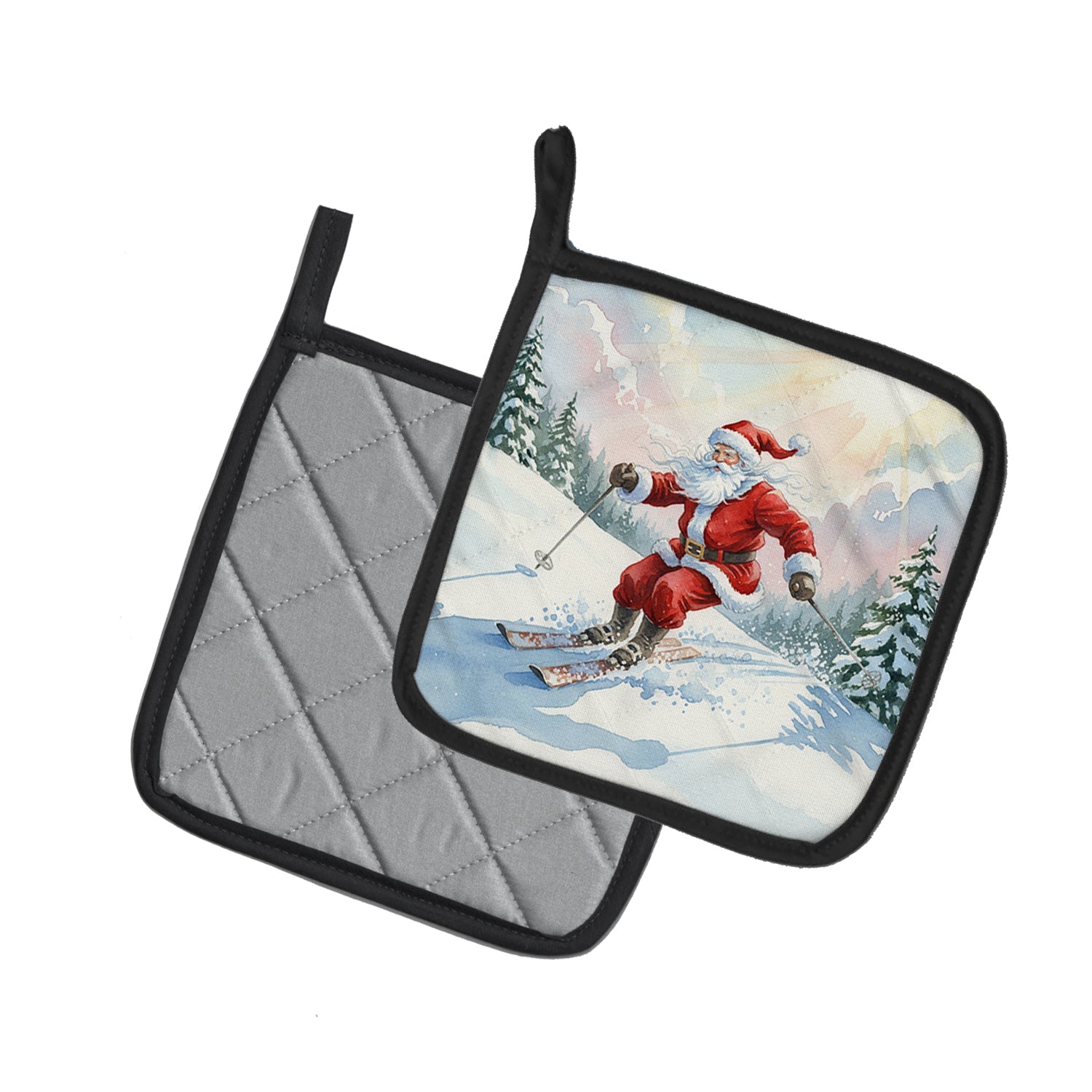 Santa Claus Skiing Downhill Christmas Pot Holder Set of 2 Heat Resistant Quilted Hot Pads 7.5 x 7.5 Inch, Insulated Kitchen Trivets for Cooking & Baking