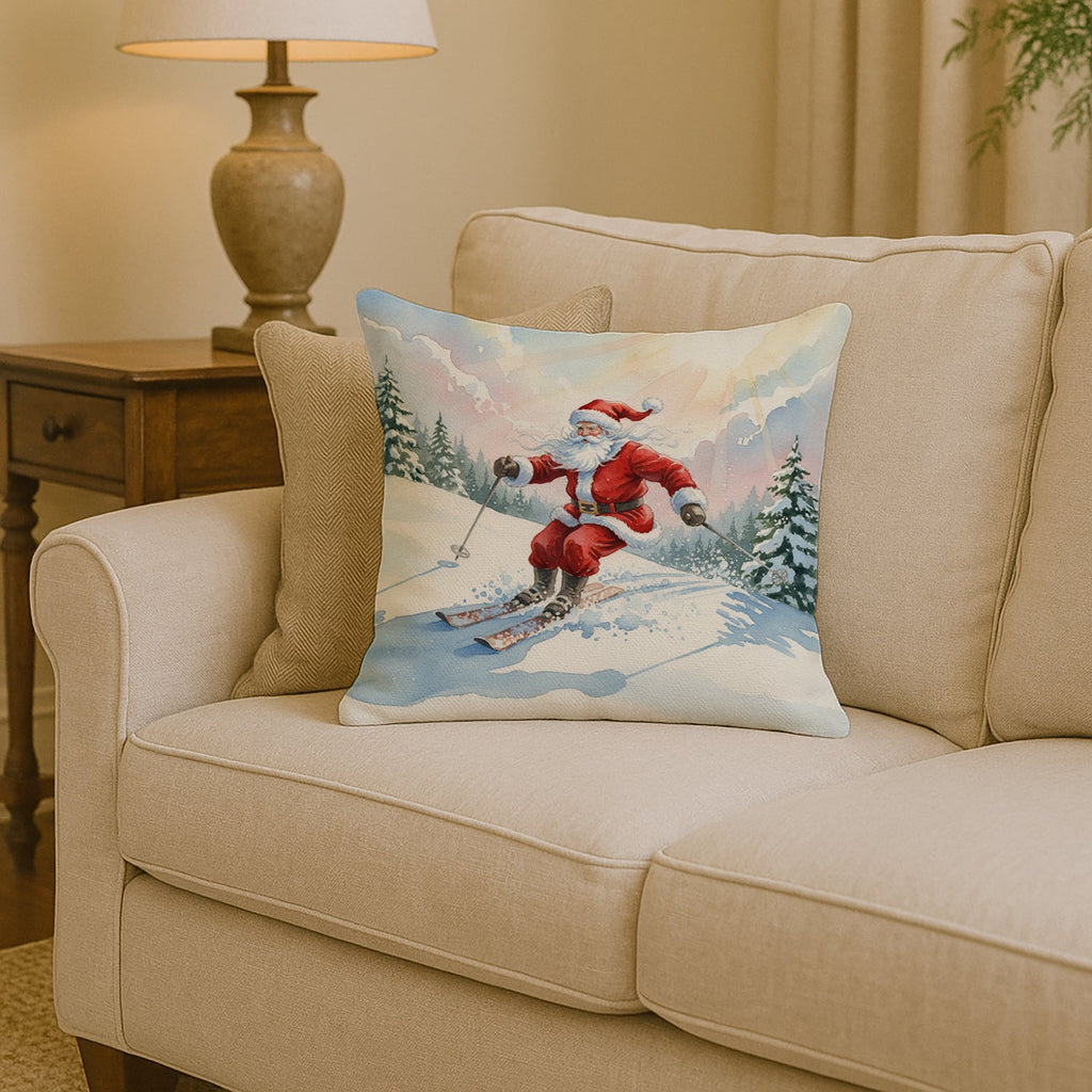 Santa Claus Skiing Downhill Christmas Decorative Throw Pillow 14x14 Indoor Outdoor Accent Cushion, Fabric Cover with Insert for Sofa, Bed, Porch & Living Room