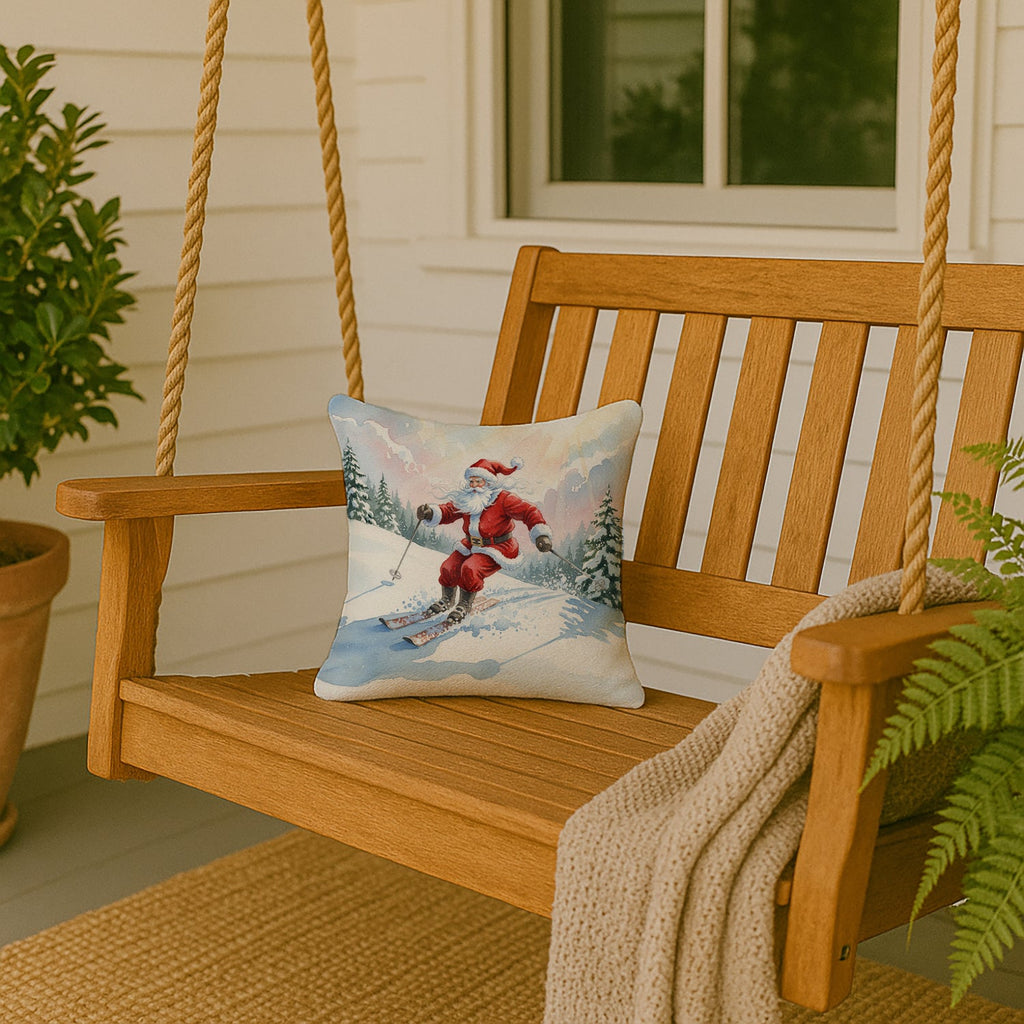Santa Claus Skiing Downhill Christmas Decorative Throw Pillow 14x14 Indoor Outdoor Accent Cushion, Fabric Cover with Insert for Sofa, Bed, Porch & Living Room