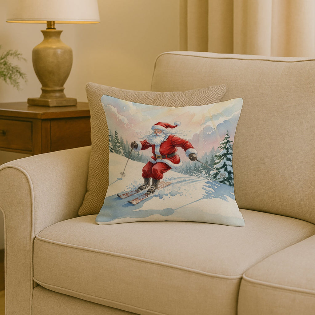 Santa Claus Skiing Downhill Christmas Decorative Throw Pillow 18x18 Indoor Outdoor Accent Cushion, Fabric Cover with Insert for Sofa, Bed, Porch & Living Room