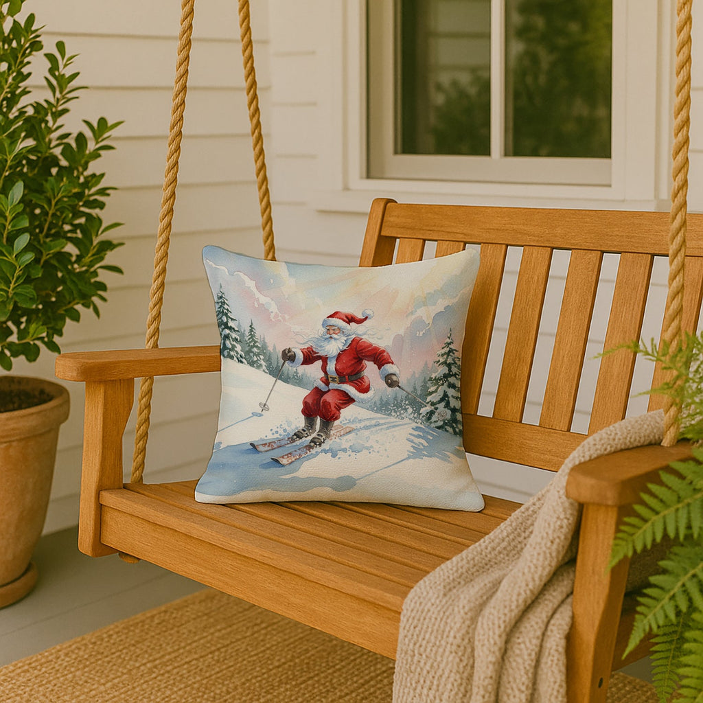 Santa Claus Skiing Downhill Christmas Decorative Throw Pillow 18x18 Indoor Outdoor Accent Cushion, Fabric Cover with Insert for Sofa, Bed, Porch & Living Room