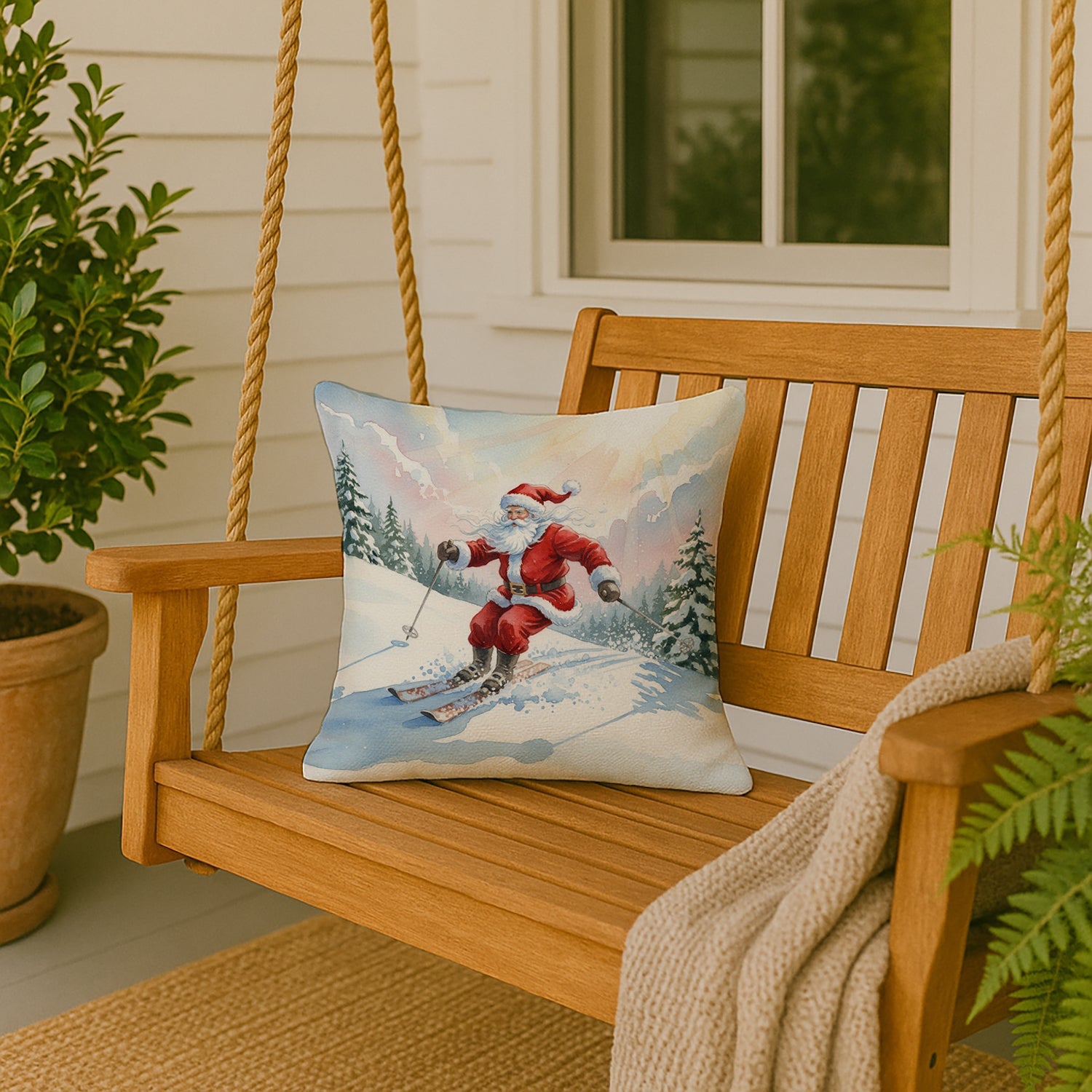 Santa Claus Skiing Downhill Christmas Decorative Throw Pillow 18x18 Indoor Outdoor Accent Cushion, Fabric Cover with Insert for Sofa, Bed, Porch & Living Room