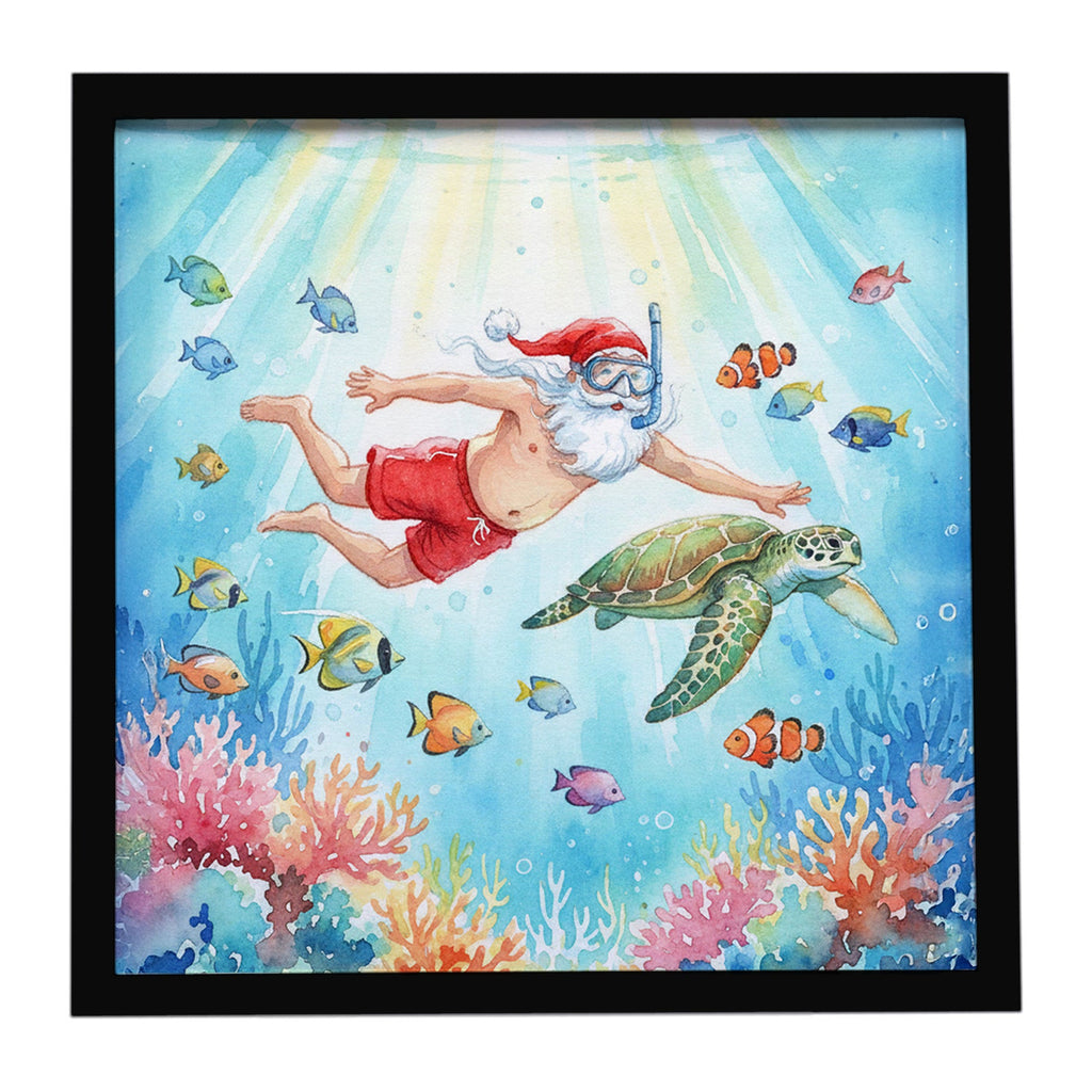 Santa Claus Snorkeling with a Sea Turtle Christmas Framed Metal Print Bathroom, Kitchen, Office, Home Decor Wall Art Ready to Hang, Square, 8X8