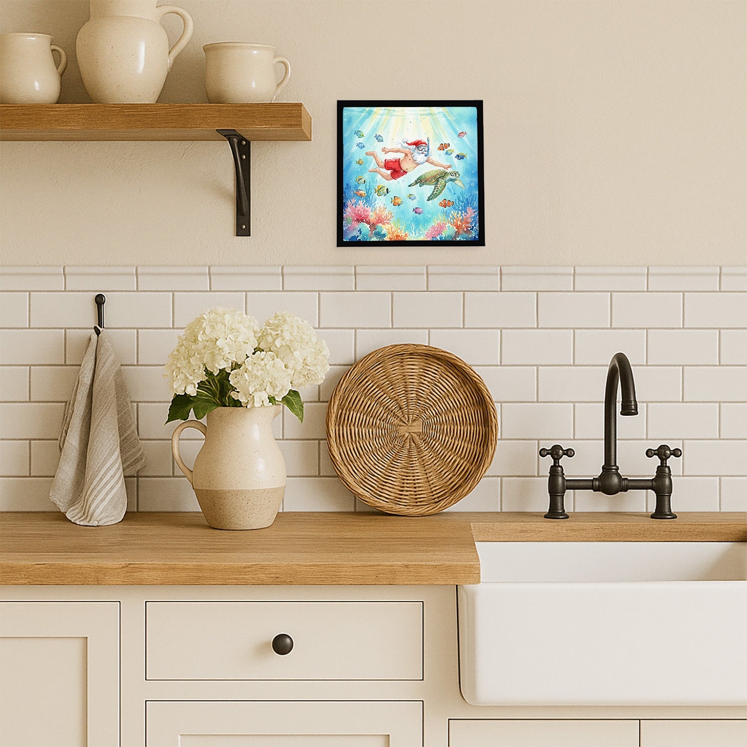 Santa Claus Snorkeling with a Sea Turtle Christmas Framed Metal Print Bathroom, Kitchen, Office, Home Decor Wall Art Ready to Hang, Square, 8X8