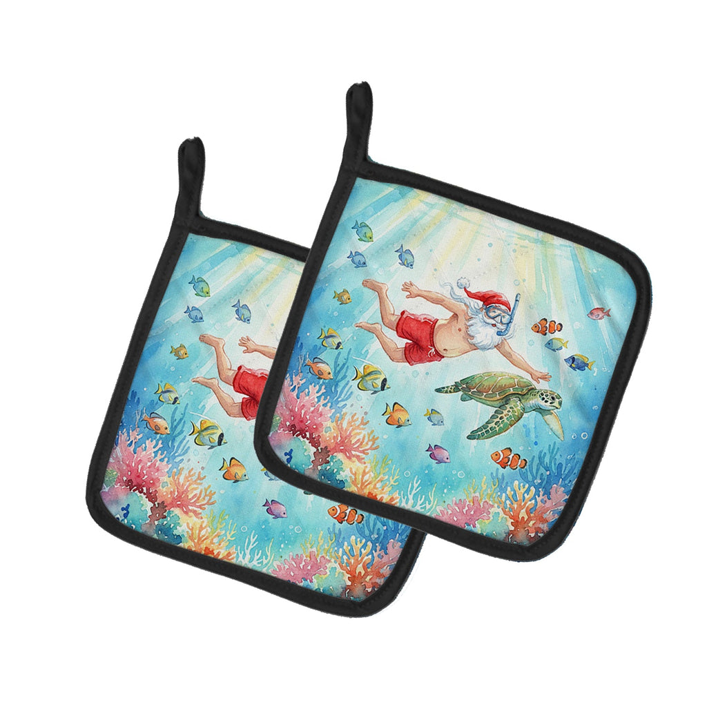 Santa Claus Snorkeling with a Sea Turtle Christmas Pot Holder Set of 2 Heat Resistant Quilted Hot Pads 7.5 x 7.5 Inch, Insulated Kitchen Trivets for Cooking & Baking