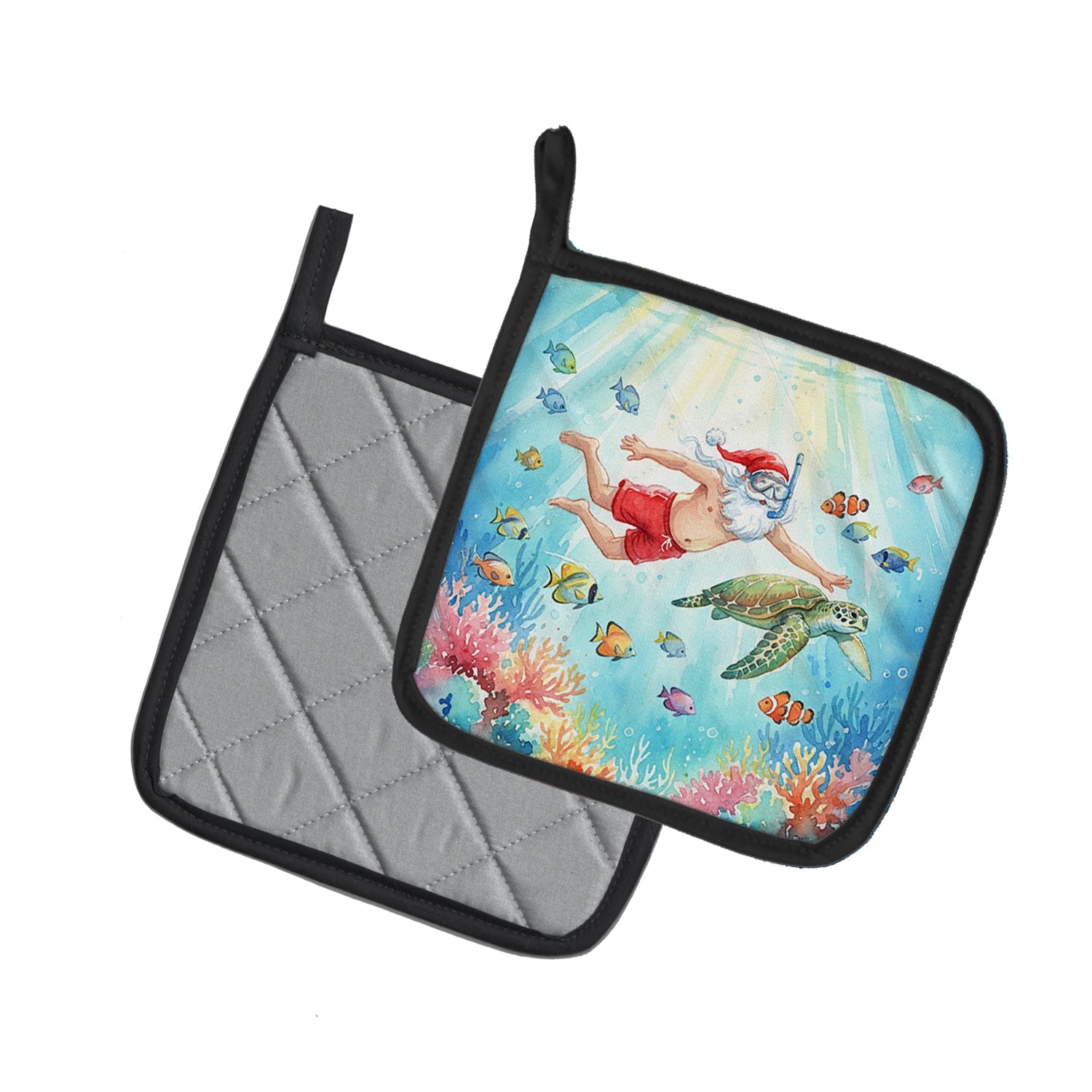 Santa Claus Snorkeling with a Sea Turtle Christmas Pot Holder Set of 2 Heat Resistant Quilted Hot Pads 7.5 x 7.5 Inch, Insulated Kitchen Trivets for Cooking & Baking