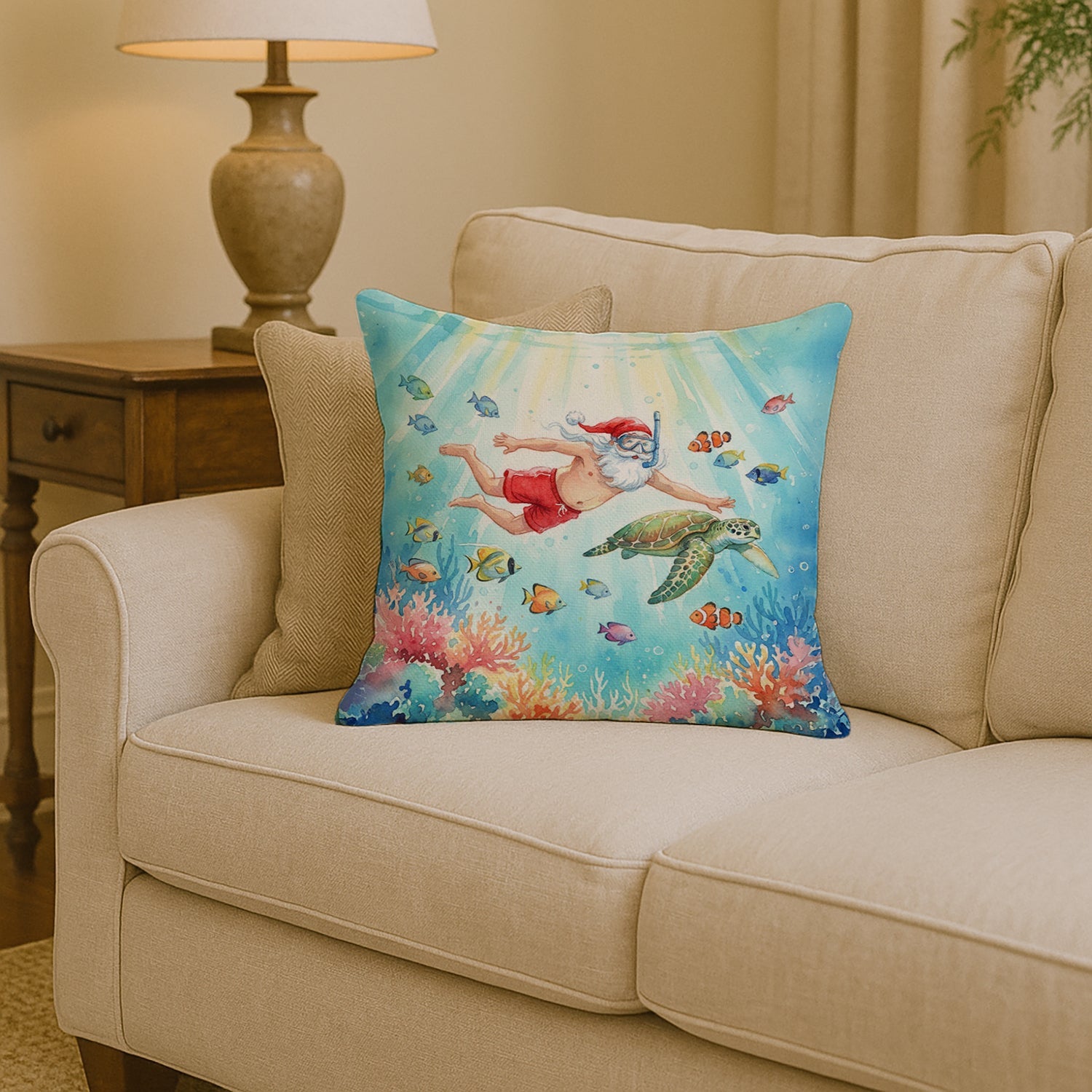 Santa Claus Snorkeling with a Sea Turtle Christmas Decorative Throw Pillow 14x14 Indoor Outdoor Accent Cushion, Fabric Cover with Insert for Sofa, Bed, Porch & Living Room