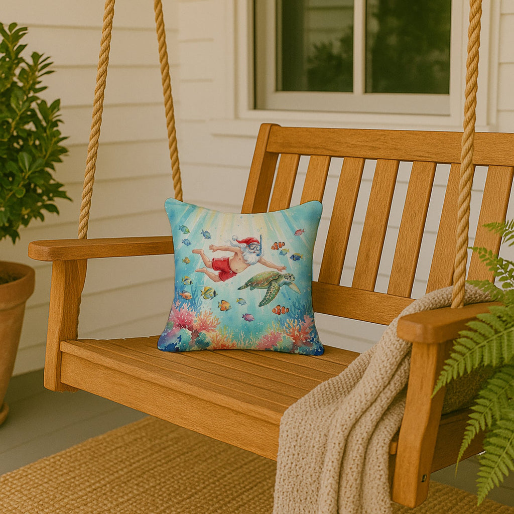 Santa Claus Snorkeling with a Sea Turtle Christmas Decorative Throw Pillow 14x14 Indoor Outdoor Accent Cushion, Fabric Cover with Insert for Sofa, Bed, Porch & Living Room