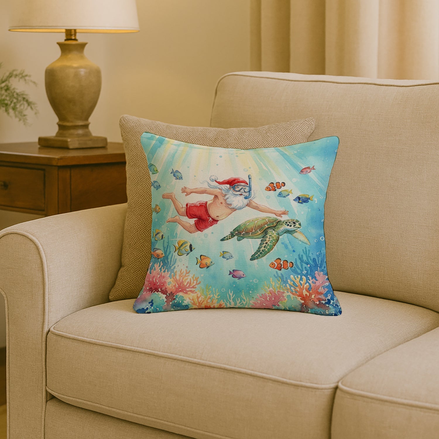 Santa Claus Snorkeling with a Sea Turtle Christmas Decorative Throw Pillow 18x18 Indoor Outdoor Accent Cushion, Fabric Cover with Insert for Sofa, Bed, Porch & Living Room