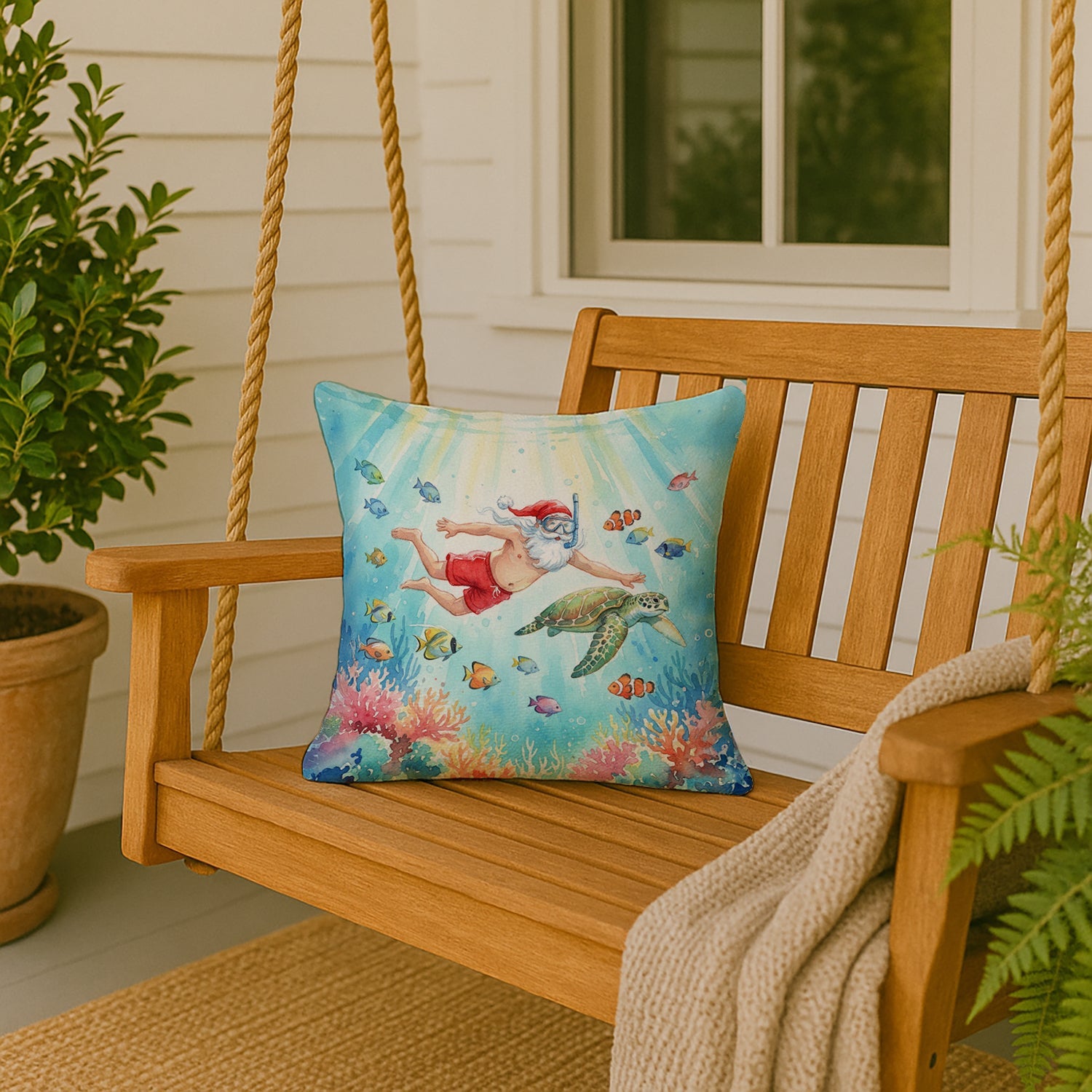 Santa Claus Snorkeling with a Sea Turtle Christmas Decorative Throw Pillow 18x18 Indoor Outdoor Accent Cushion, Fabric Cover with Insert for Sofa, Bed, Porch & Living Room