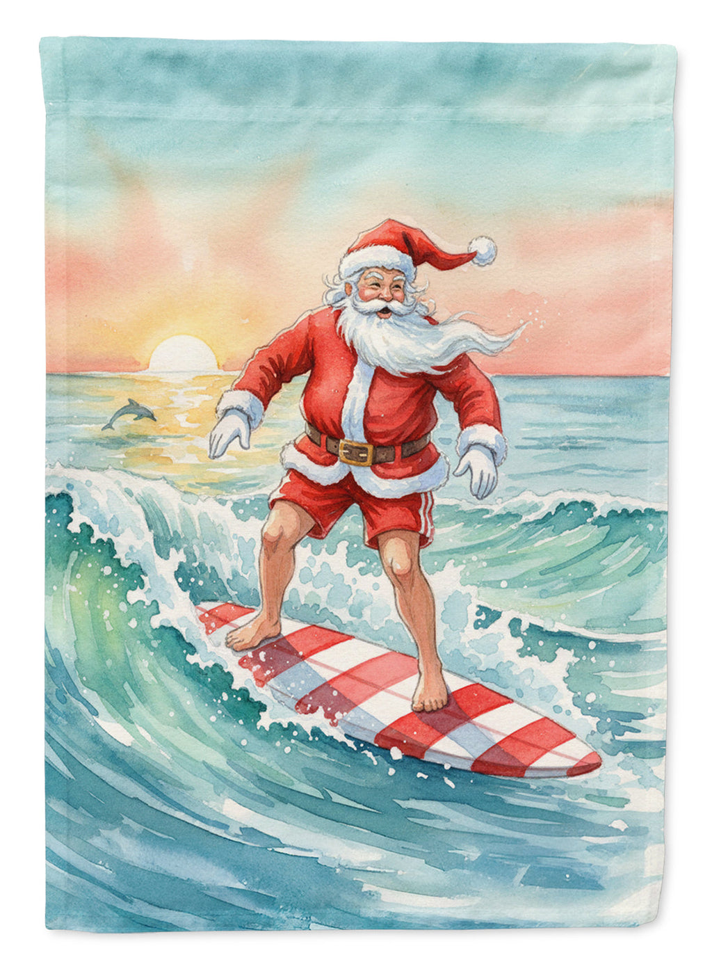 Santa Claus Surfing Christmas Morning Christmas House Flag 28x40 Porch Sleeve Pole Decorative Outside Yard Banner Artwork Wall Hanging, Polyester