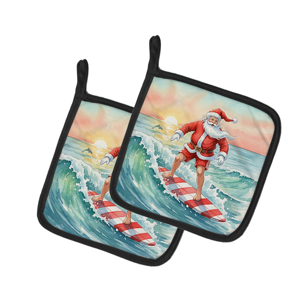 Santa Claus Surfing Christmas Morning Christmas Pot Holder Set of 2 Heat Resistant Quilted Hot Pads 7.5 x 7.5 Inch, Insulated Kitchen Trivets for Cooking & Baking