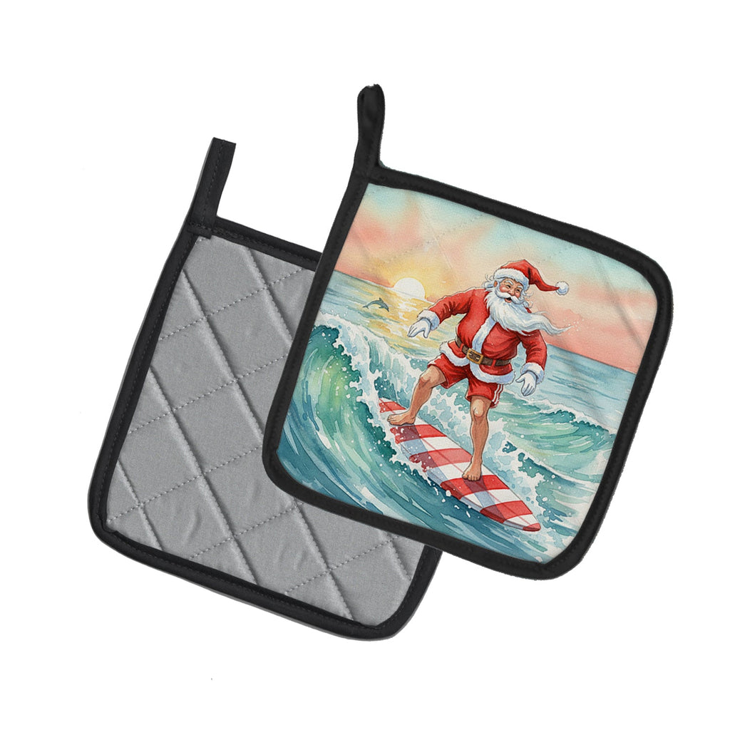 Santa Claus Surfing Christmas Morning Christmas Pot Holder Set of 2 Heat Resistant Quilted Hot Pads 7.5 x 7.5 Inch, Insulated Kitchen Trivets for Cooking & Baking
