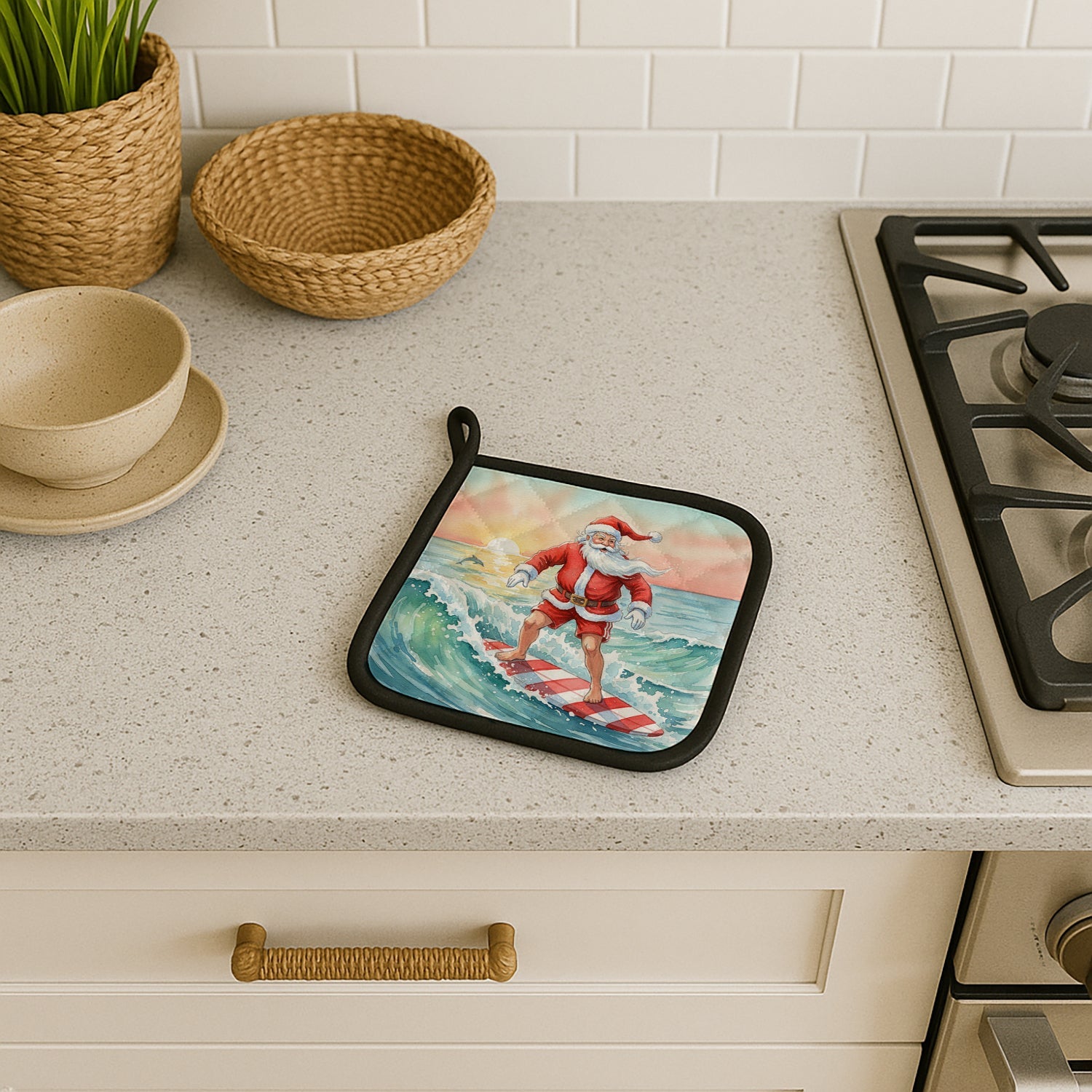 Santa Claus Surfing Christmas Morning Christmas Pot Holder Set of 2 Heat Resistant Quilted Hot Pads 7.5 x 7.5 Inch, Insulated Kitchen Trivets for Cooking & Baking