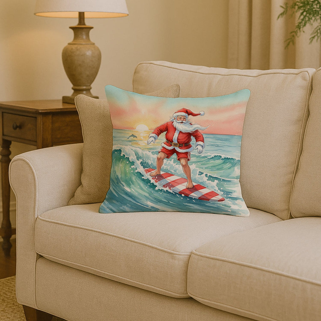Santa Claus Surfing Christmas Morning Christmas Decorative Throw Pillow 14x14 Indoor Outdoor Accent Cushion, Fabric Cover with Insert for Sofa, Bed, Porch & Living Room