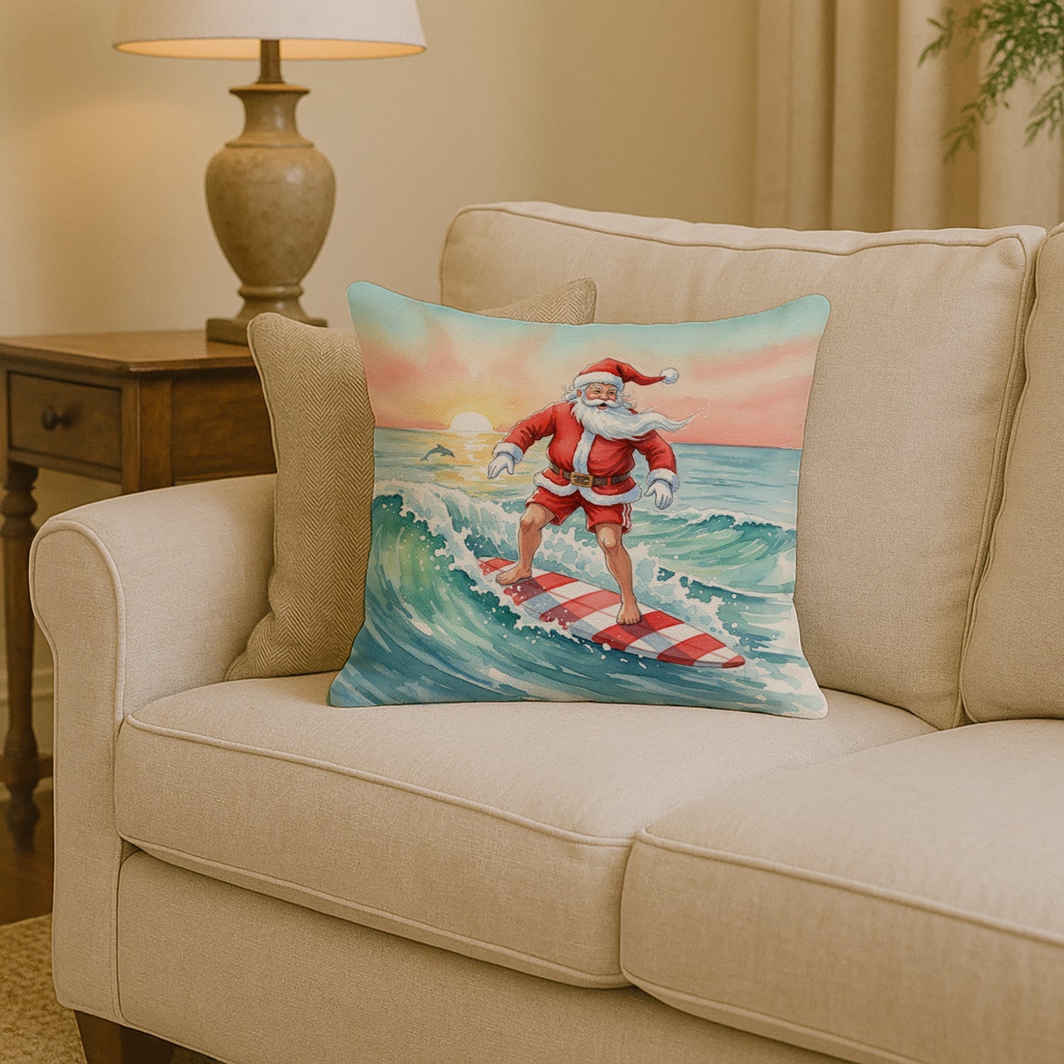 Santa Claus Surfing Christmas Morning Christmas Decorative Throw Pillow 14x14 Indoor Outdoor Accent Cushion, Fabric Cover with Insert for Sofa, Bed, Porch & Living Room