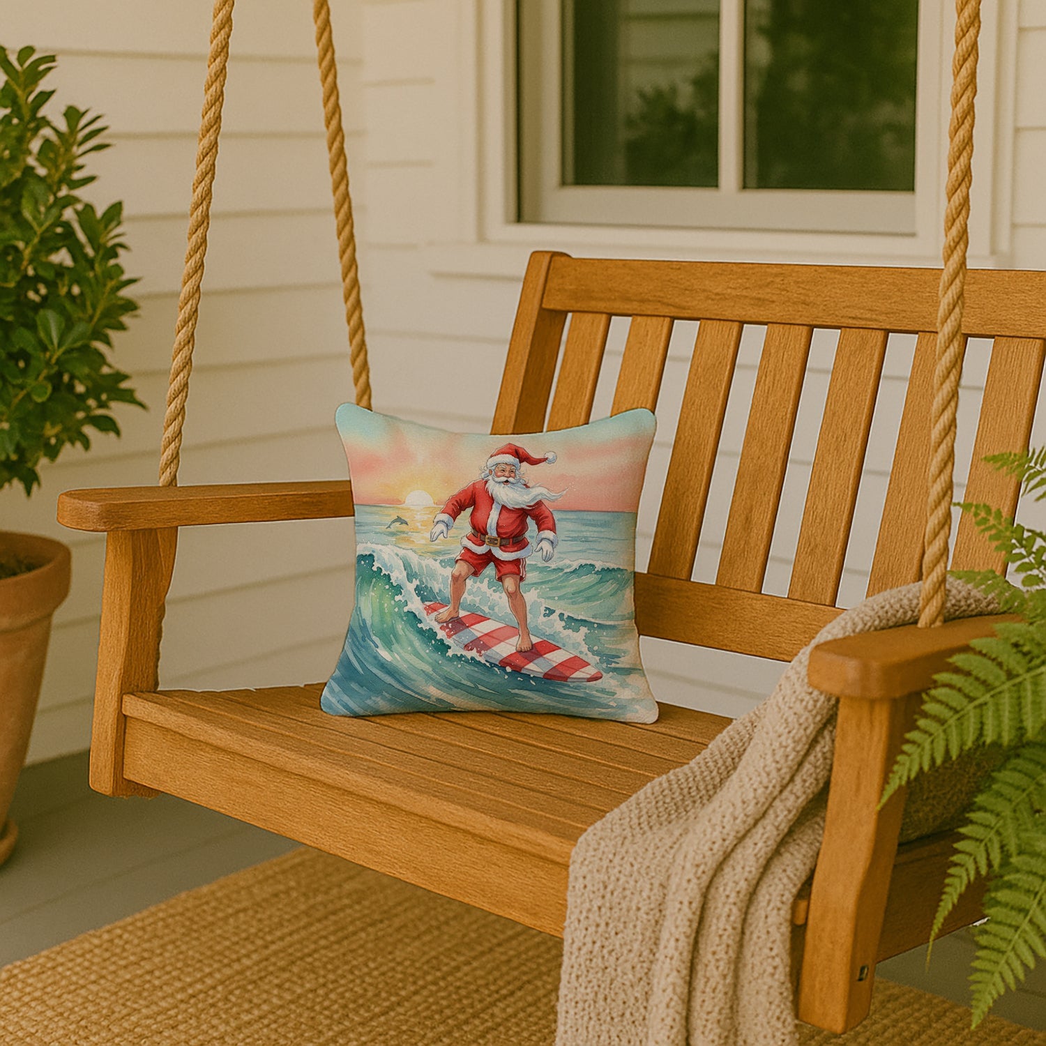 Santa Claus Surfing Christmas Morning Christmas Decorative Throw Pillow 14x14 Indoor Outdoor Accent Cushion, Fabric Cover with Insert for Sofa, Bed, Porch & Living Room