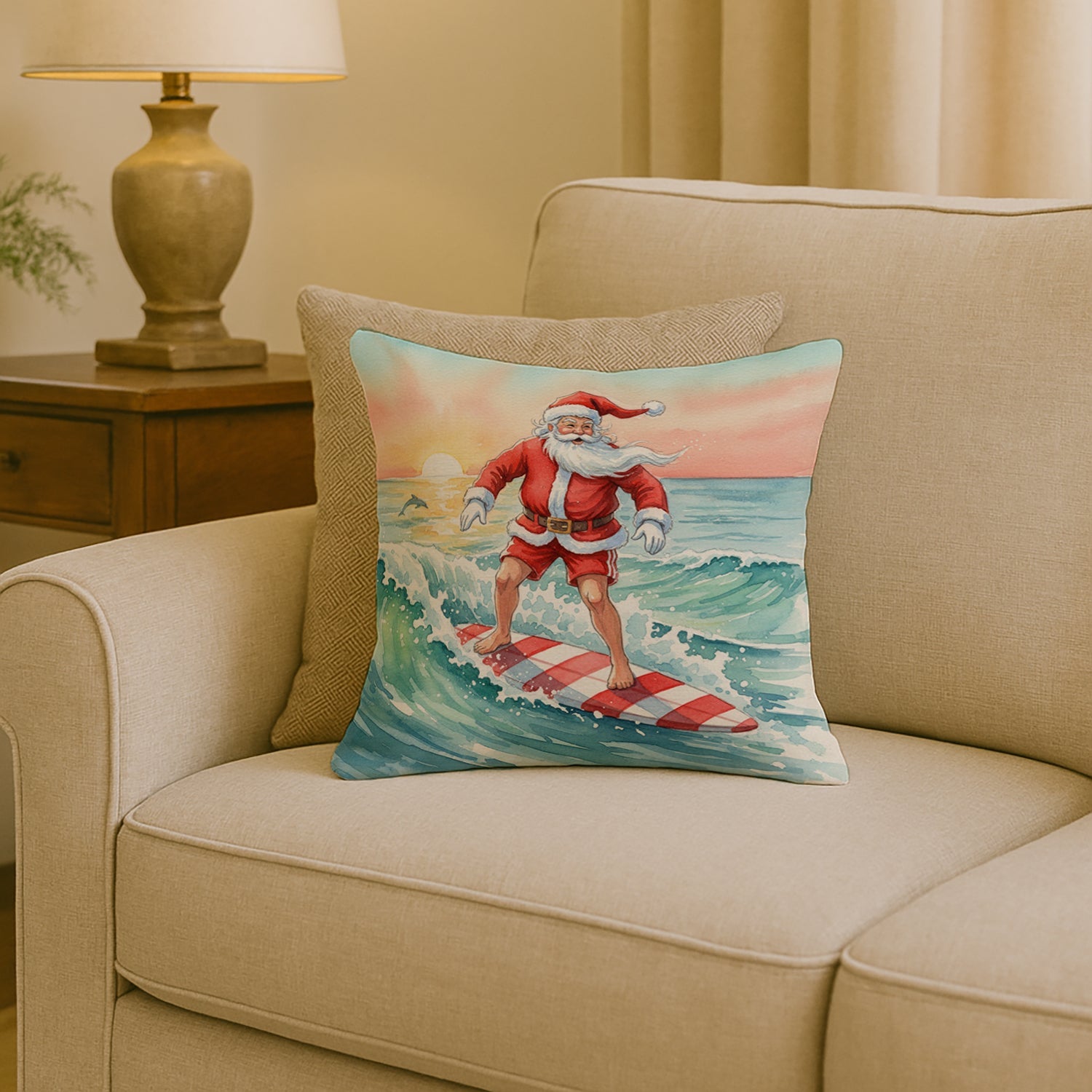 Santa Claus Surfing Christmas Morning Christmas Decorative Throw Pillow 18x18 Indoor Outdoor Accent Cushion, Fabric Cover with Insert for Sofa, Bed, Porch & Living Room