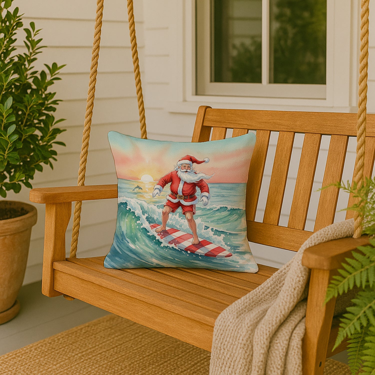 Santa Claus Surfing Christmas Morning Christmas Decorative Throw Pillow 18x18 Indoor Outdoor Accent Cushion, Fabric Cover with Insert for Sofa, Bed, Porch & Living Room