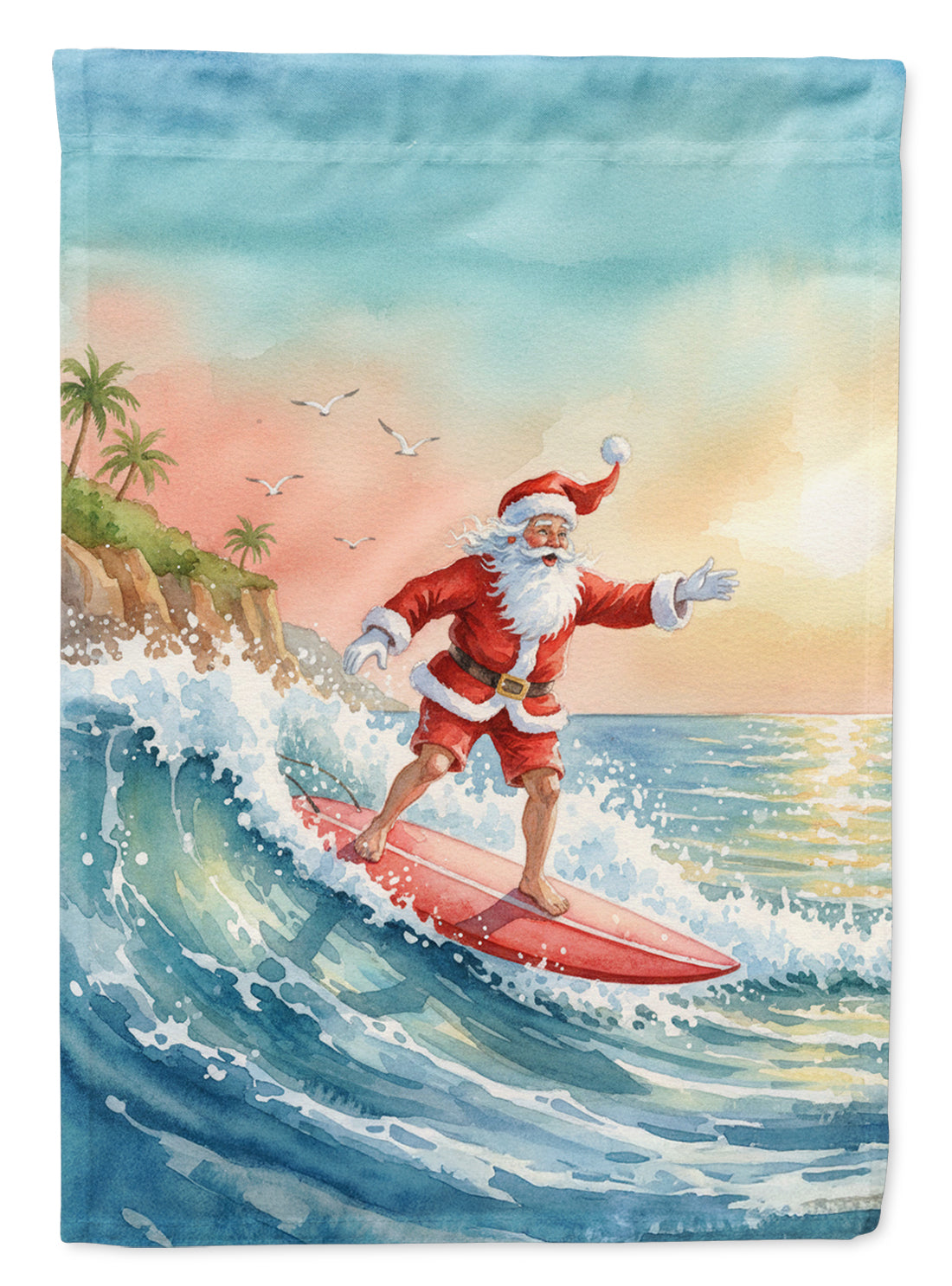 Santa Claus Surfing the Pacific Christmas House Flag 28x40 Porch Sleeve Pole Decorative Outside Yard Banner Artwork Wall Hanging, Polyester