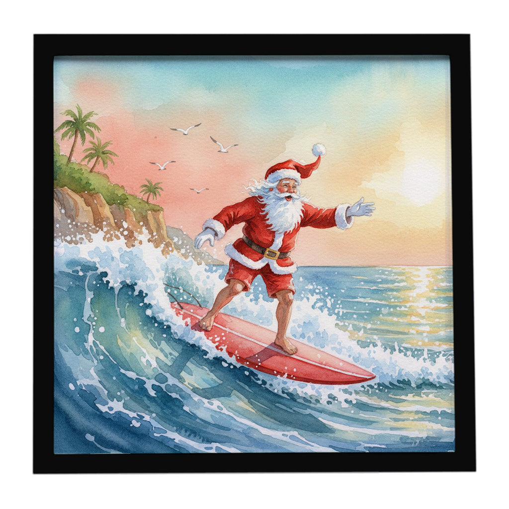 Santa Claus Surfing the Pacific Christmas Framed Metal Print Bathroom, Kitchen, Office, Home Decor Wall Art Ready to Hang, Square, 8X8