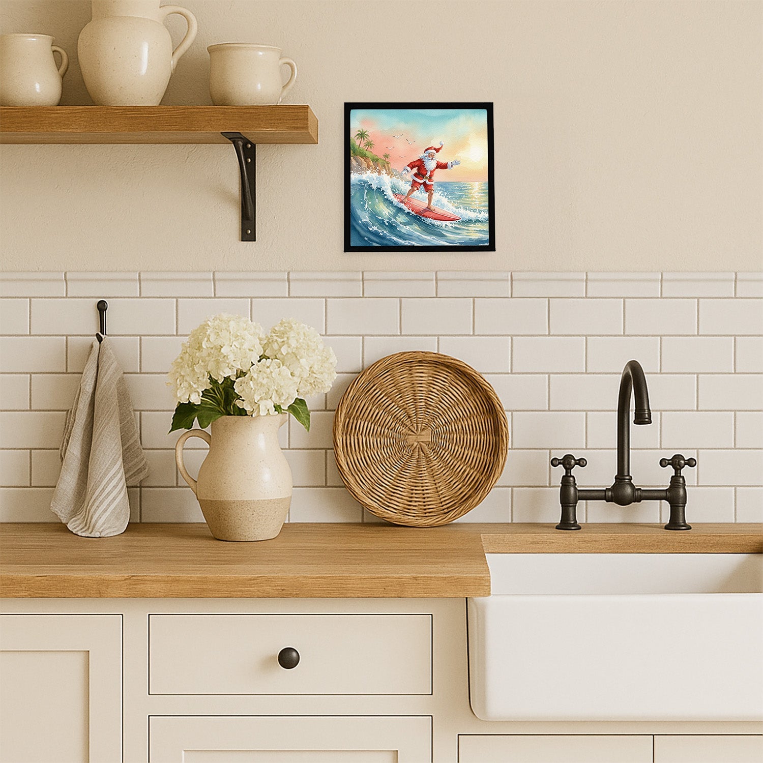Santa Claus Surfing the Pacific Christmas Framed Metal Print Bathroom, Kitchen, Office, Home Decor Wall Art Ready to Hang, Square, 8X8