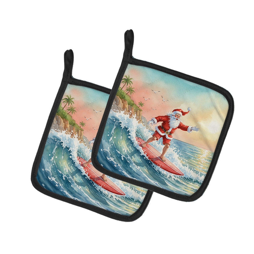 Santa Claus Surfing the Pacific Christmas Pot Holder Set of 2 Heat Resistant Quilted Hot Pads 7.5 x 7.5 Inch, Insulated Kitchen Trivets for Cooking & Baking