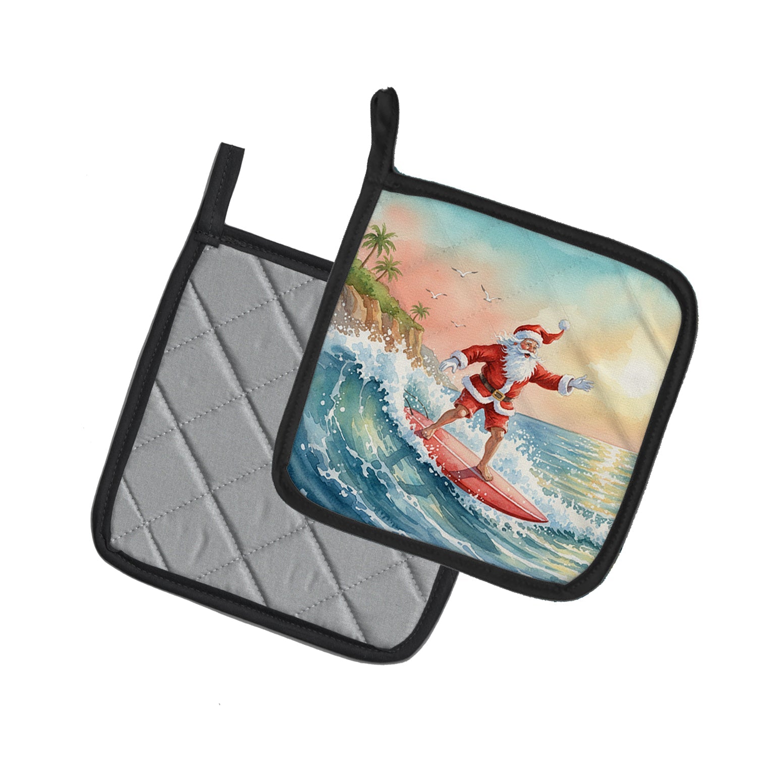Santa Claus Surfing the Pacific Christmas Pot Holder Set of 2 Heat Resistant Quilted Hot Pads 7.5 x 7.5 Inch, Insulated Kitchen Trivets for Cooking & Baking