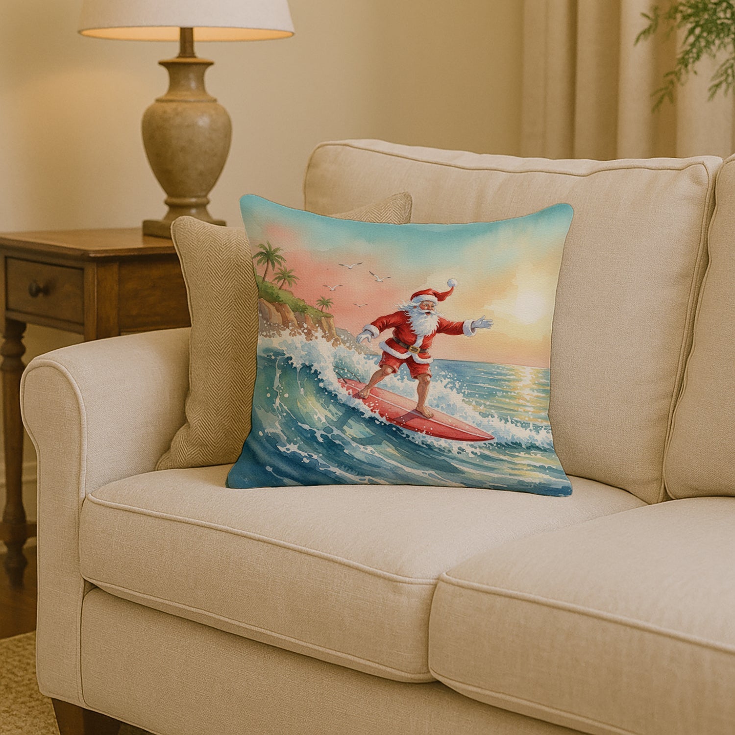 Santa Claus Surfing the Pacific Christmas Decorative Throw Pillow 14x14 Indoor Outdoor Accent Cushion, Fabric Cover with Insert for Sofa, Bed, Porch & Living Room