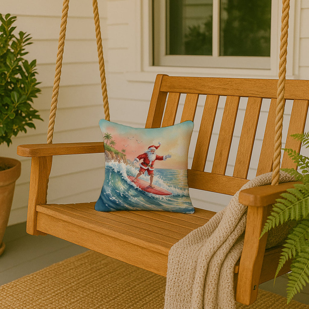 Santa Claus Surfing the Pacific Christmas Decorative Throw Pillow 14x14 Indoor Outdoor Accent Cushion, Fabric Cover with Insert for Sofa, Bed, Porch & Living Room