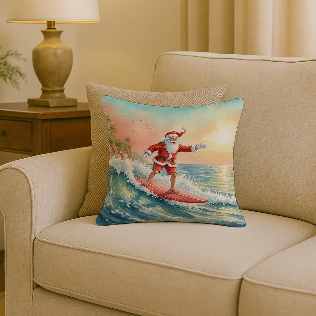 Santa Claus Surfing the Pacific Christmas Decorative Throw Pillow 18x18 Indoor Outdoor Accent Cushion, Fabric Cover with Insert for Sofa, Bed, Porch & Living Room