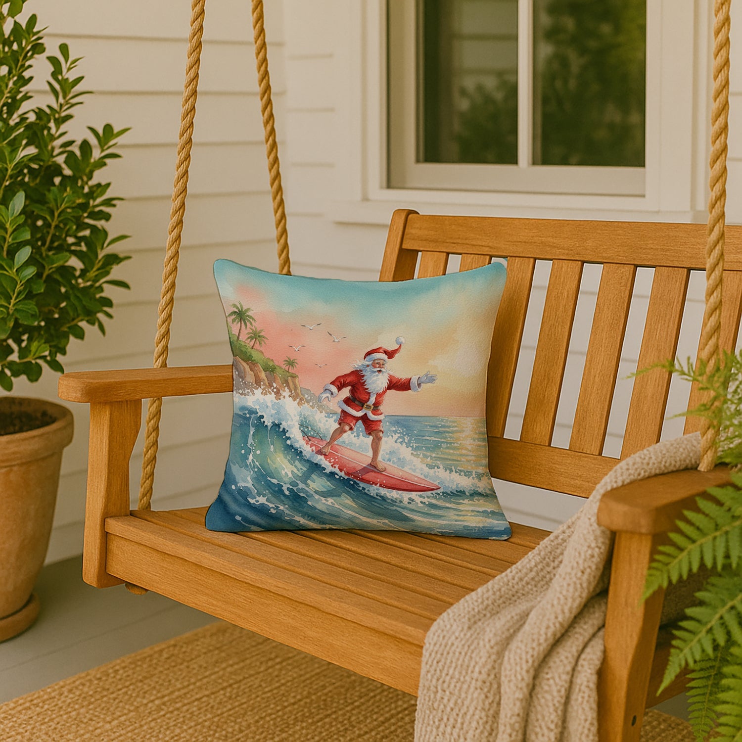 Santa Claus Surfing the Pacific Christmas Decorative Throw Pillow 18x18 Indoor Outdoor Accent Cushion, Fabric Cover with Insert for Sofa, Bed, Porch & Living Room