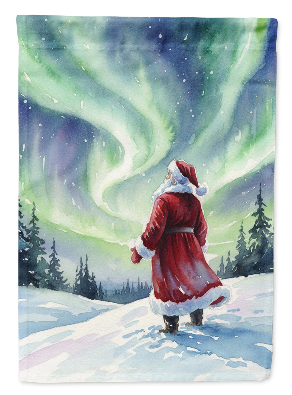 Santa Claus Watching the Northern Lights Christmas House Flag 28x40 Porch Sleeve Pole Decorative Outside Yard Banner Artwork Wall Hanging, Polyester