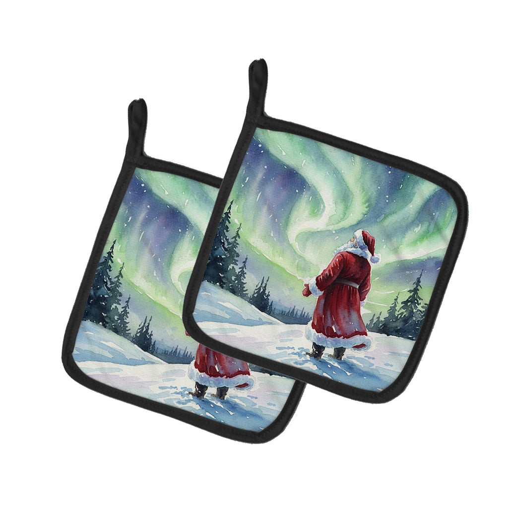 Santa Claus Watching the Northern Lights Christmas Pot Holder Set of 2 Heat Resistant Quilted Hot Pads 7.5 x 7.5 Inch, Insulated Kitchen Trivets for Cooking & Baking