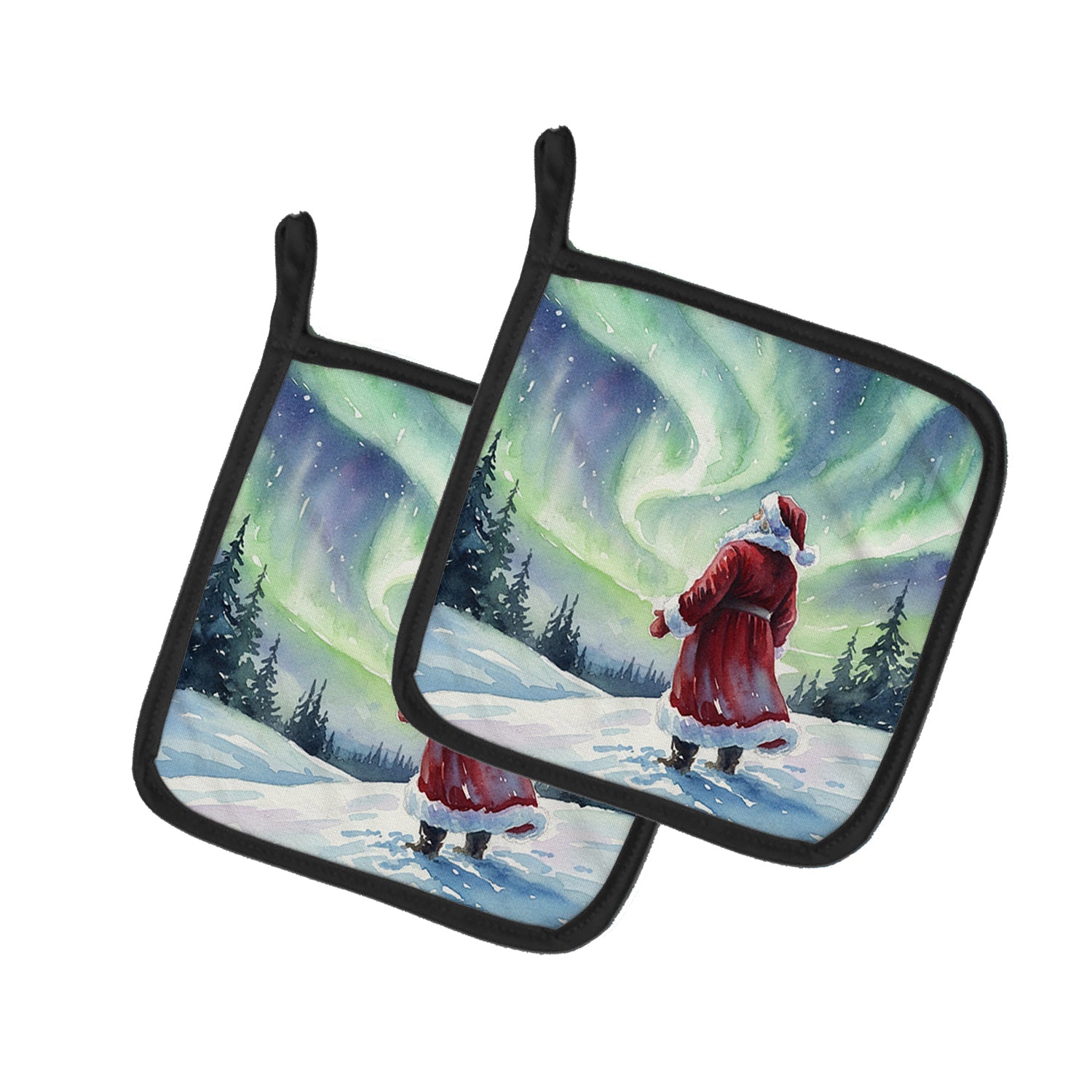Santa Claus Watching the Northern Lights Christmas Pot Holder Set of 2 Heat Resistant Quilted Hot Pads 7.5 x 7.5 Inch, Insulated Kitchen Trivets for Cooking & Baking
