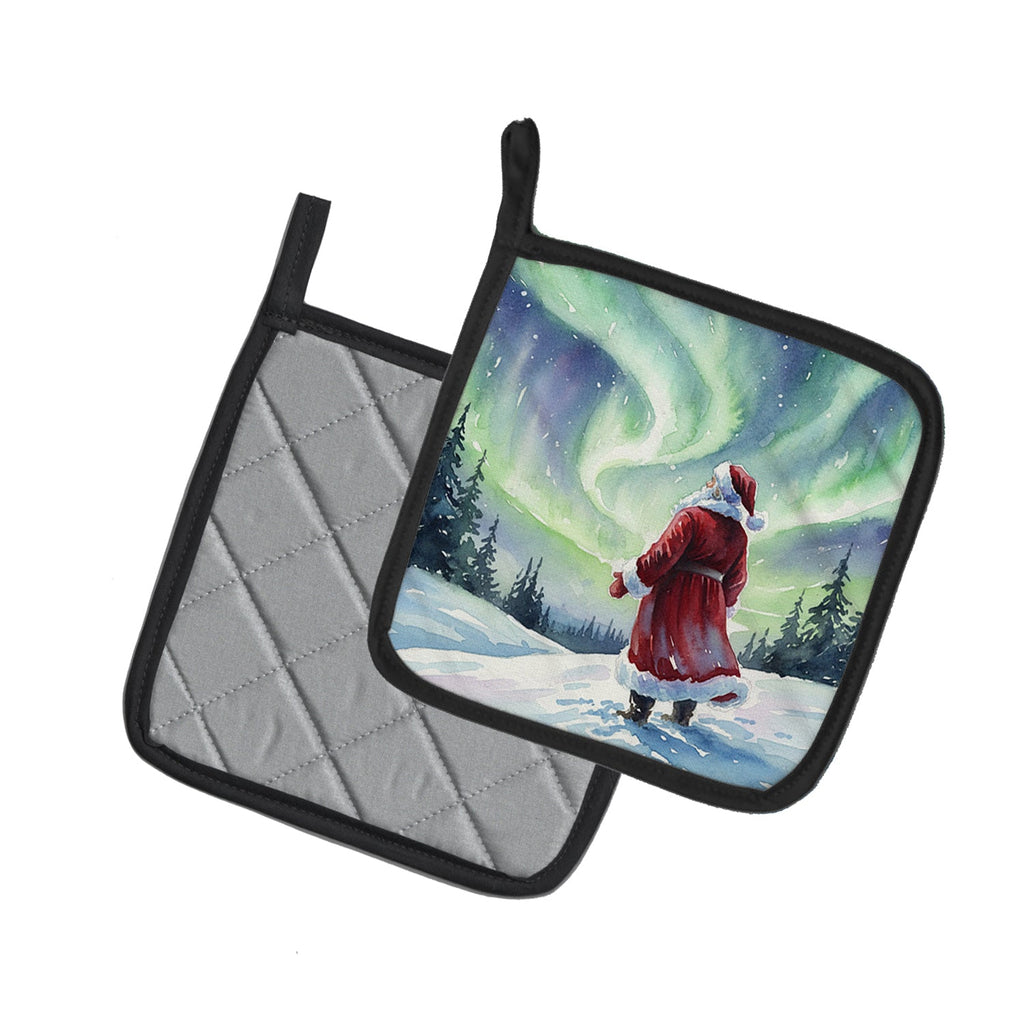 Santa Claus Watching the Northern Lights Christmas Pot Holder Set of 2 Heat Resistant Quilted Hot Pads 7.5 x 7.5 Inch, Insulated Kitchen Trivets for Cooking & Baking