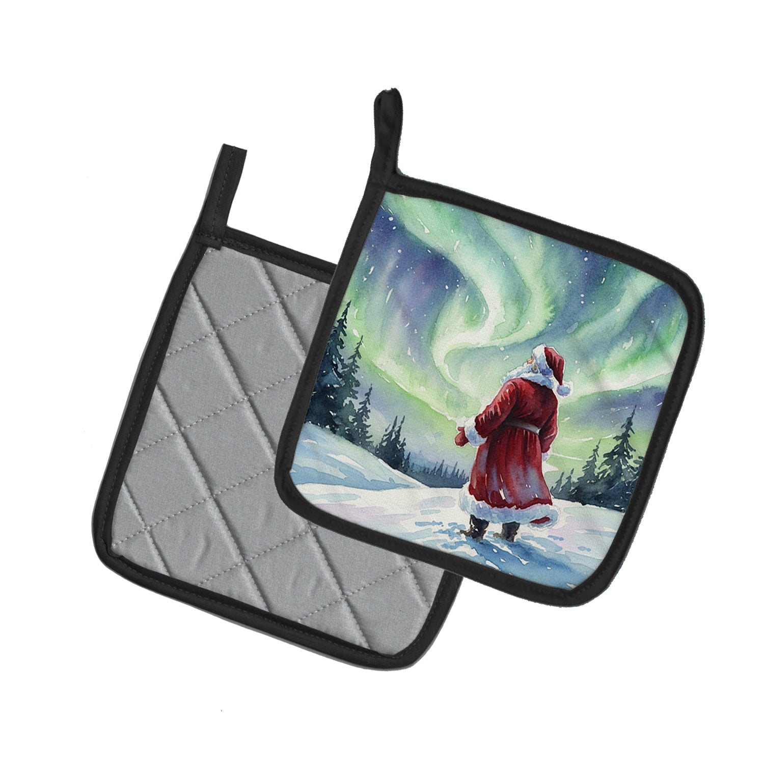 Santa Claus Watching the Northern Lights Christmas Pot Holder Set of 2 Heat Resistant Quilted Hot Pads 7.5 x 7.5 Inch, Insulated Kitchen Trivets for Cooking & Baking