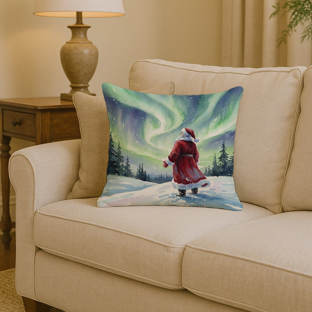 Santa Claus Watching the Northern Lights Christmas Decorative Throw Pillow 14x14 Indoor Outdoor Accent Cushion, Fabric Cover with Insert for Sofa, Bed, Porch & Living Room