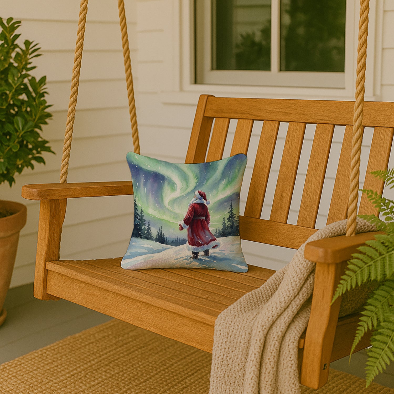 Santa Claus Watching the Northern Lights Christmas Decorative Throw Pillow 14x14 Indoor Outdoor Accent Cushion, Fabric Cover with Insert for Sofa, Bed, Porch & Living Room