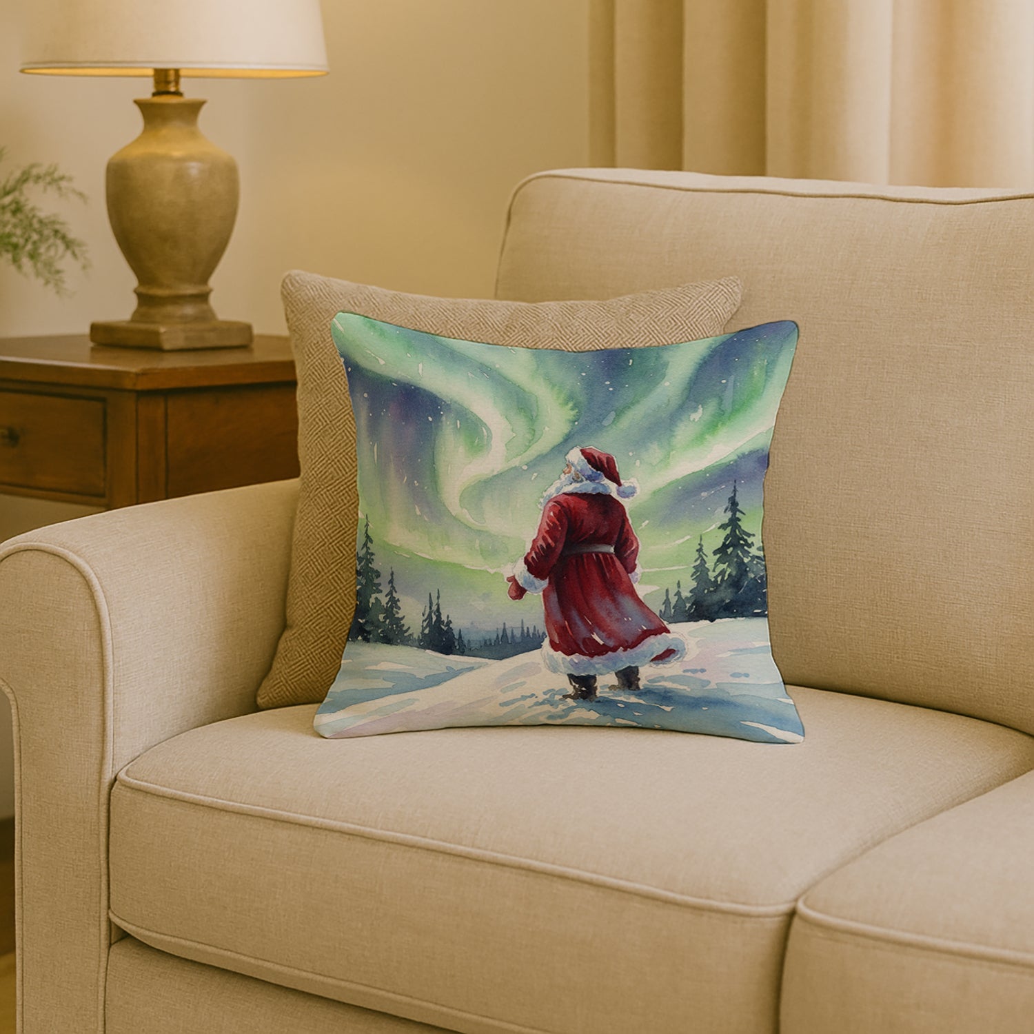 Santa Claus Watching the Northern Lights Christmas Decorative Throw Pillow 18x18 Indoor Outdoor Accent Cushion, Fabric Cover with Insert for Sofa, Bed, Porch & Living Room