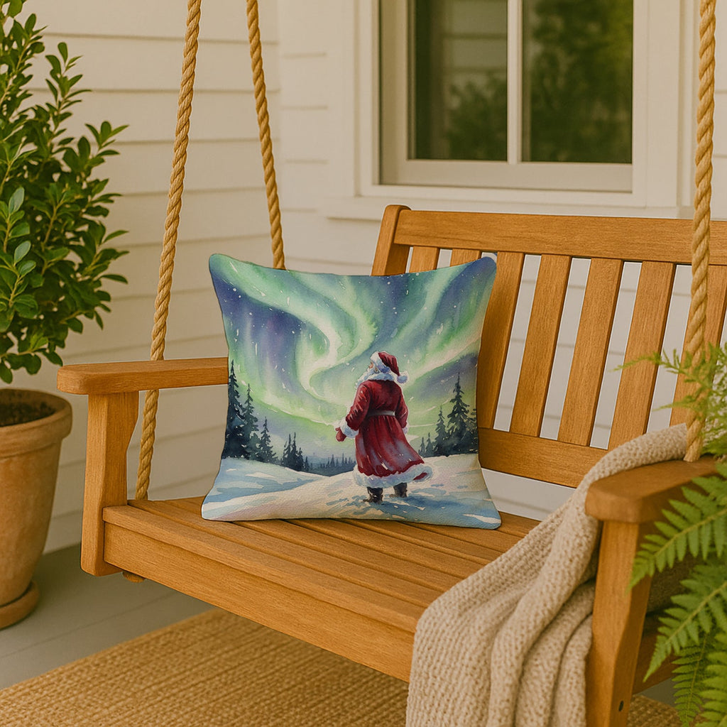 Santa Claus Watching the Northern Lights Christmas Decorative Throw Pillow 18x18 Indoor Outdoor Accent Cushion, Fabric Cover with Insert for Sofa, Bed, Porch & Living Room