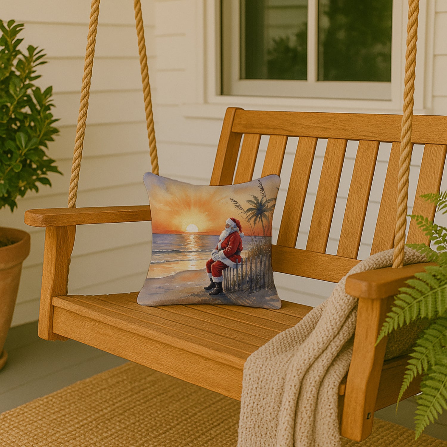 Santa Claus Watching the Sunset Christmas Decorative Throw Pillow 14x14 Indoor Outdoor Accent Cushion, Fabric Cover with Insert for Sofa, Bed, Porch & Living Room