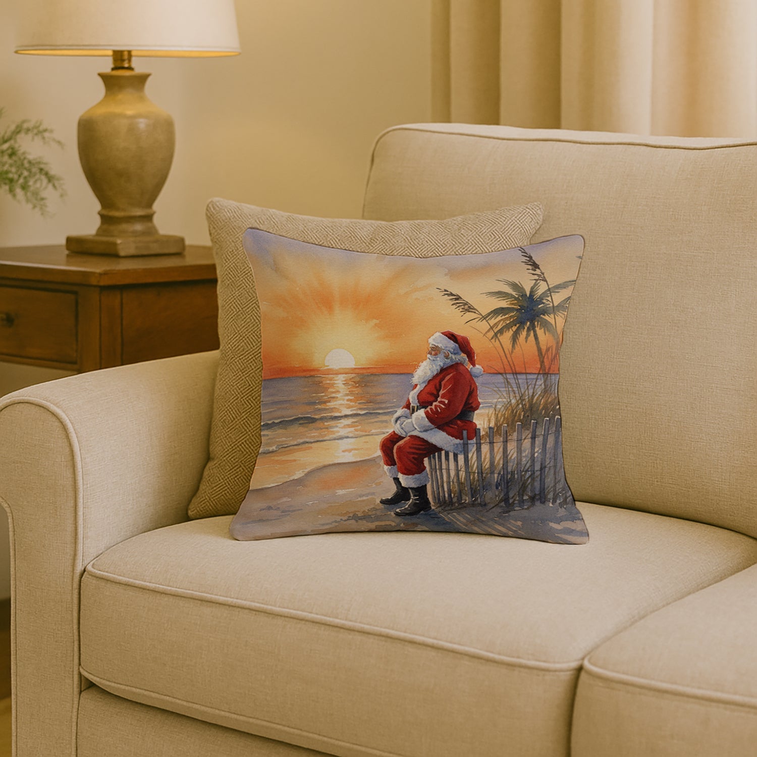 Santa Claus Watching the Sunset Christmas Decorative Throw Pillow 18x18 Indoor Outdoor Accent Cushion, Fabric Cover with Insert for Sofa, Bed, Porch & Living Room