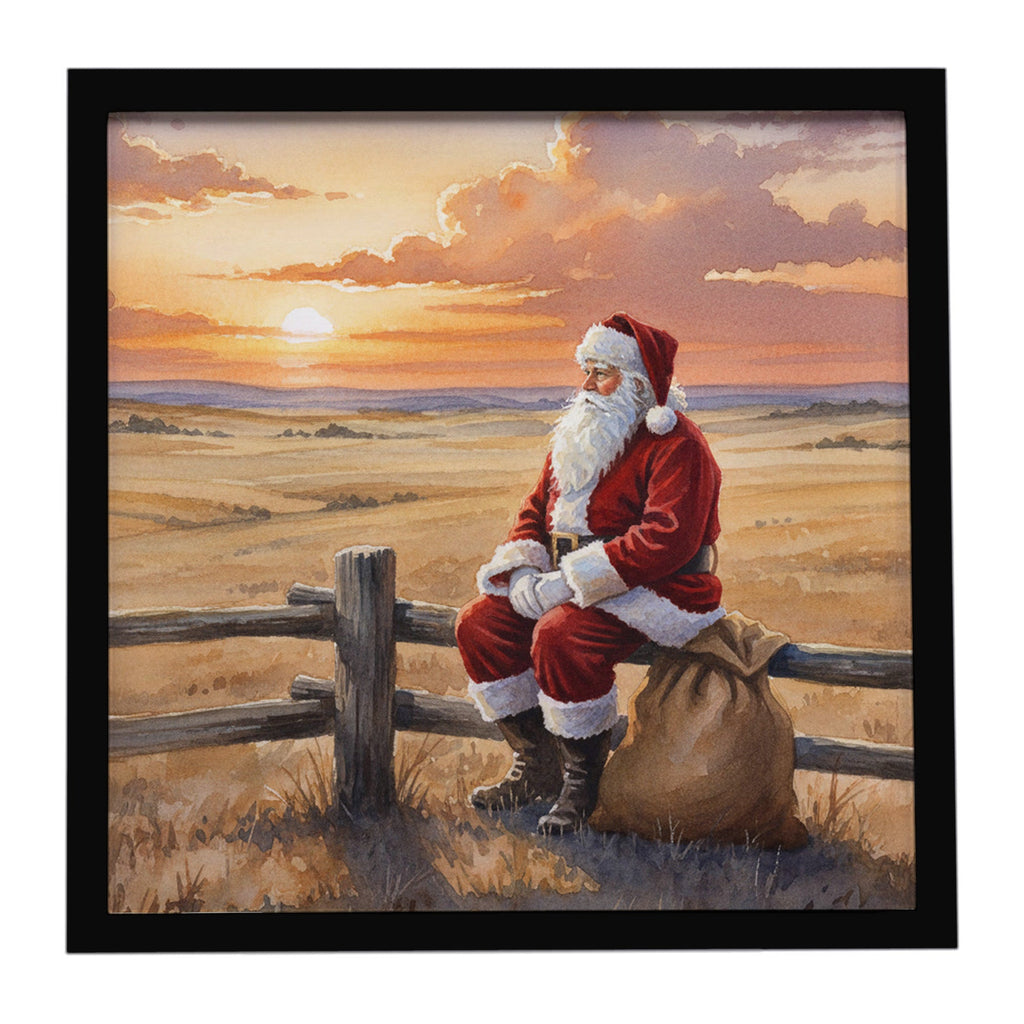 Santa Claus Watching the Sunset on the Prairie Christmas Framed Metal Print Bathroom, Kitchen, Office, Home Decor Wall Art Ready to Hang, Square, 8X8