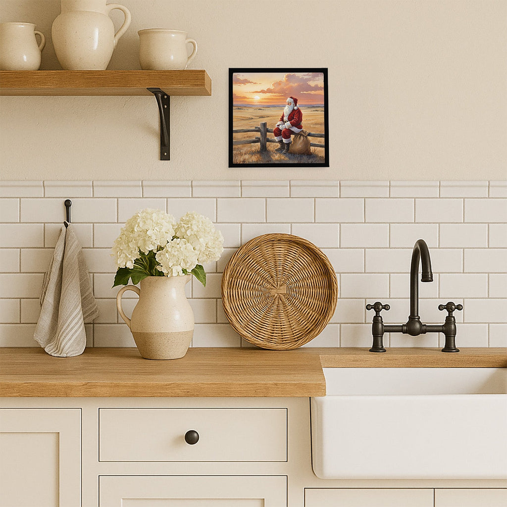 Santa Claus Watching the Sunset on the Prairie Christmas Framed Metal Print Bathroom, Kitchen, Office, Home Decor Wall Art Ready to Hang, Square, 8X8