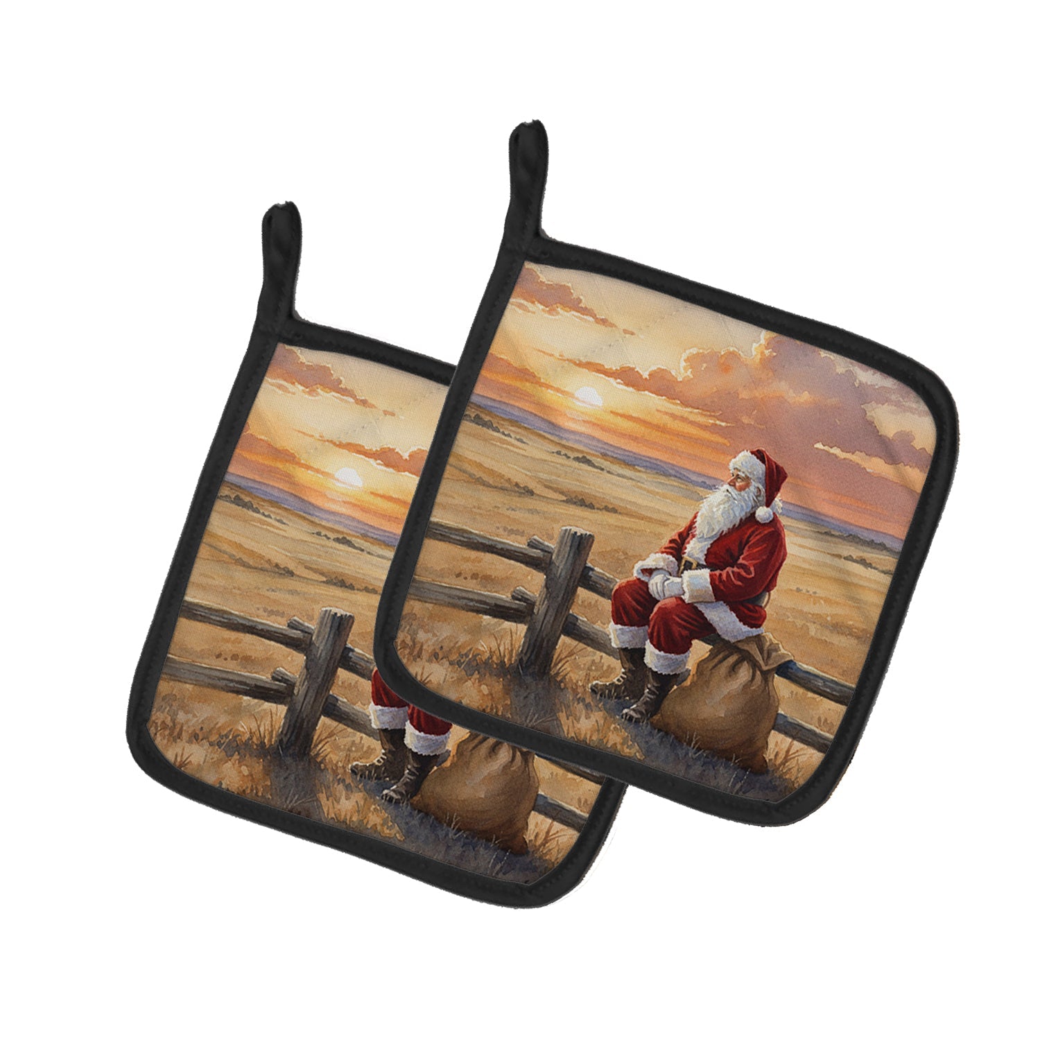Santa Claus Watching the Sunset on the Prairie Christmas Pot Holder Set of 2 Heat Resistant Quilted Hot Pads 7.5 x 7.5 Inch, Insulated Kitchen Trivets for Cooking & Baking