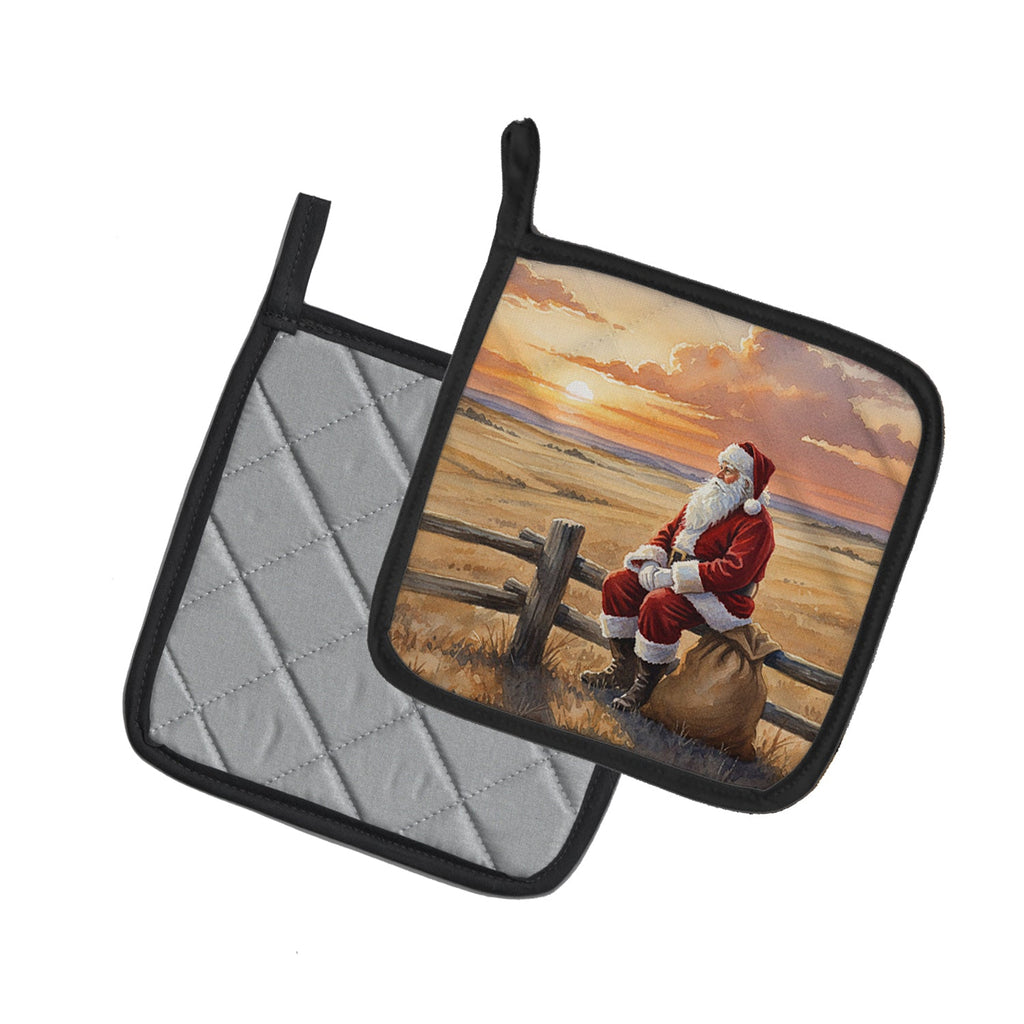 Santa Claus Watching the Sunset on the Prairie Christmas Pot Holder Set of 2 Heat Resistant Quilted Hot Pads 7.5 x 7.5 Inch, Insulated Kitchen Trivets for Cooking & Baking