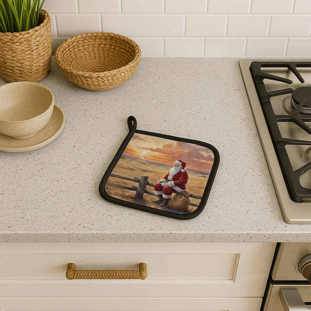 Santa Claus Watching the Sunset on the Prairie Christmas Pot Holder Set of 2 Heat Resistant Quilted Hot Pads 7.5 x 7.5 Inch, Insulated Kitchen Trivets for Cooking & Baking