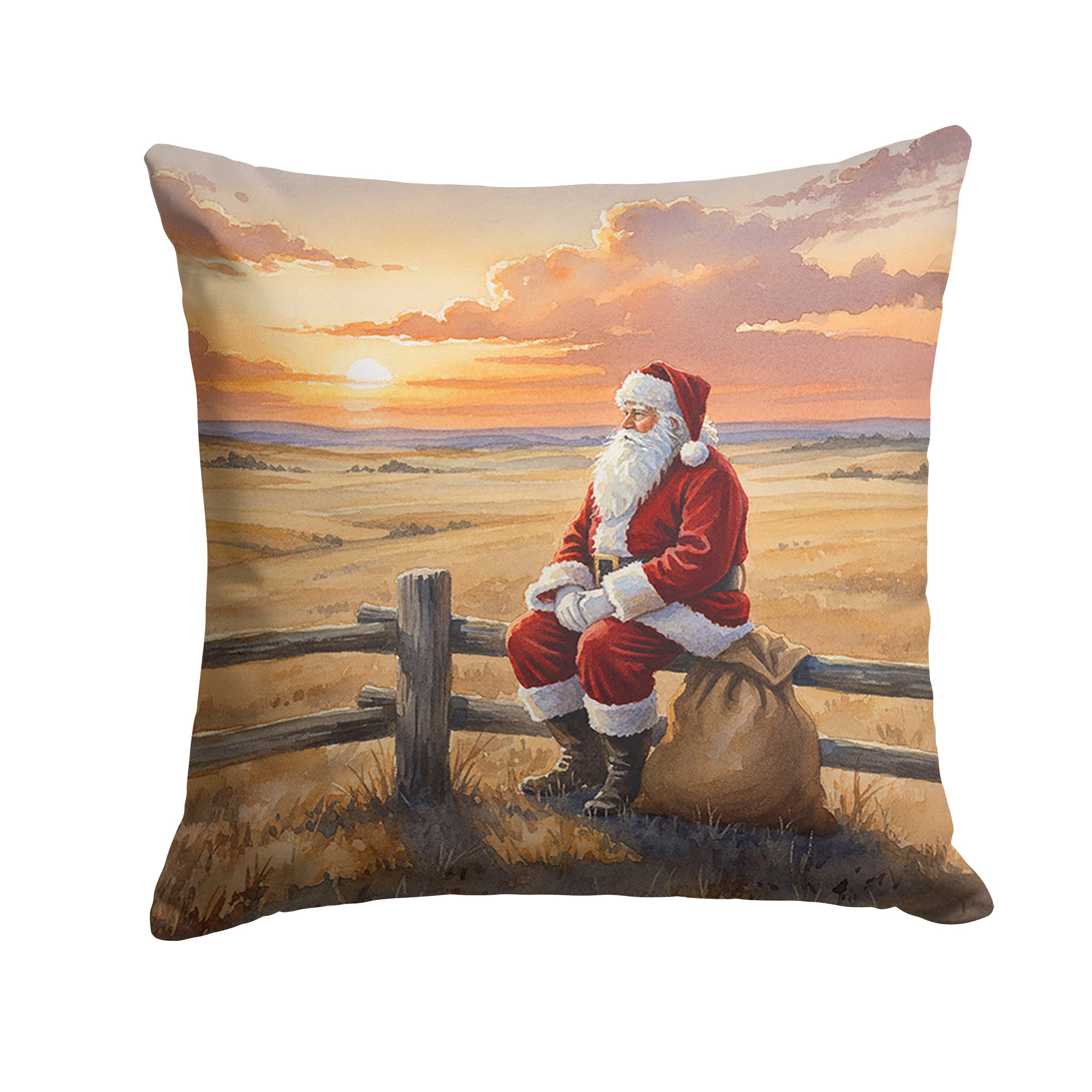 Santa Claus Watching the Sunset on the Prairie Christmas Decorative Throw Pillow 14x14 Indoor Outdoor Accent Cushion, Fabric Cover with Insert for Sofa, Bed, Porch & Living Room