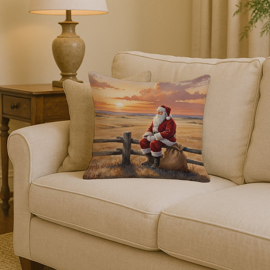Santa Claus Watching the Sunset on the Prairie Christmas Decorative Throw Pillow 14x14 Indoor Outdoor Accent Cushion, Fabric Cover with Insert for Sofa, Bed, Porch & Living Room
